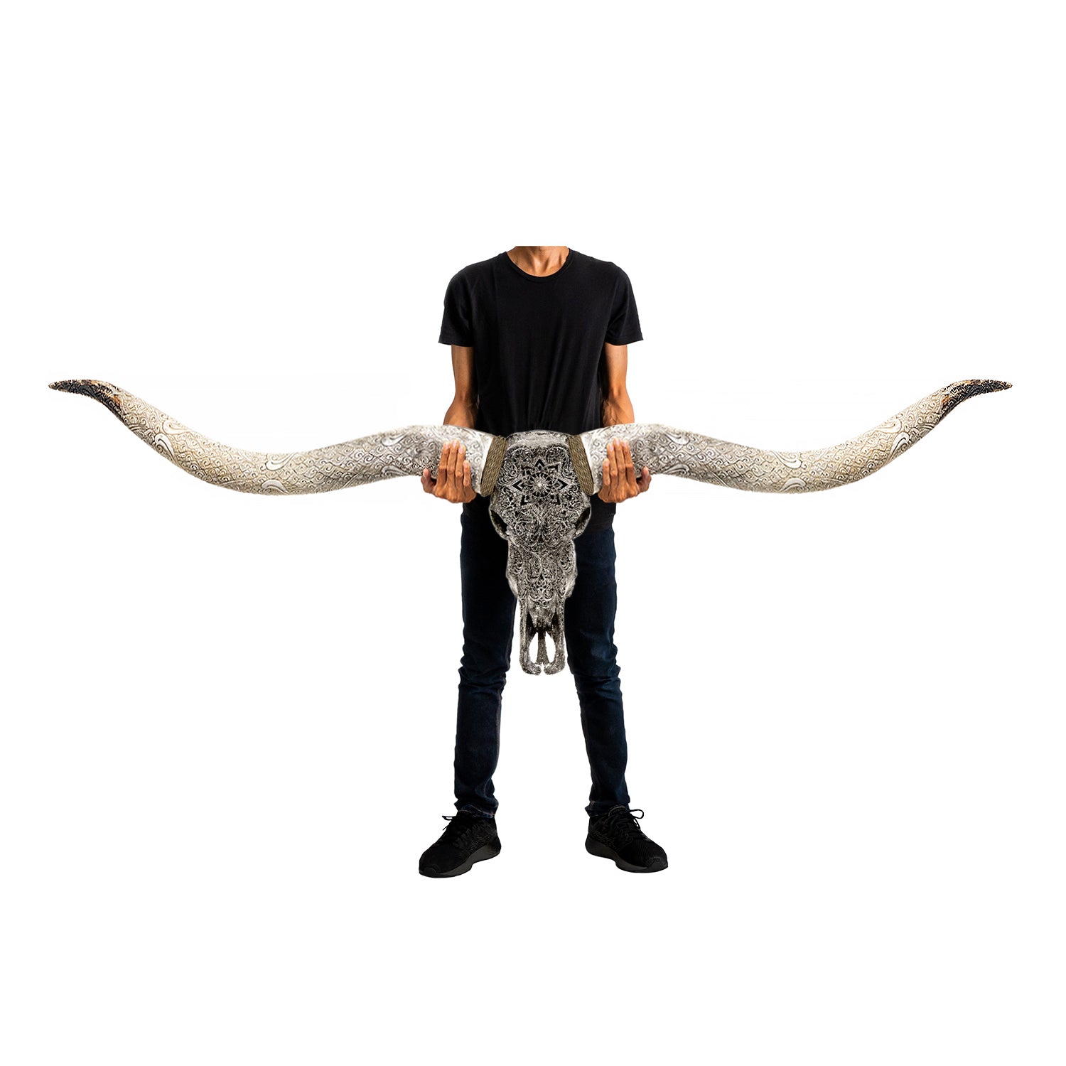 Hand Carved Longhorn Skull // XL Horns - Gray Mandala