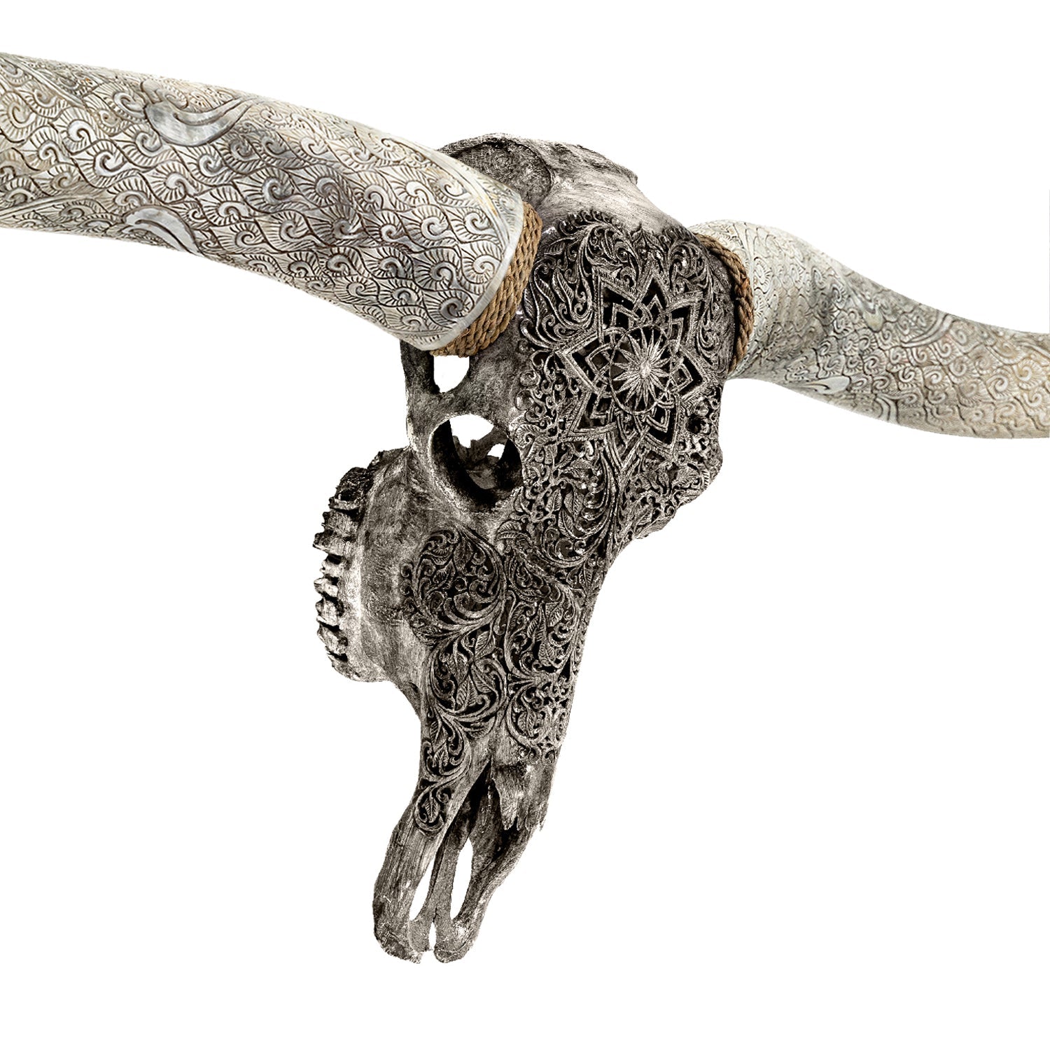 Hand Carved Longhorn Skull // XL Horns - Gray Mandala