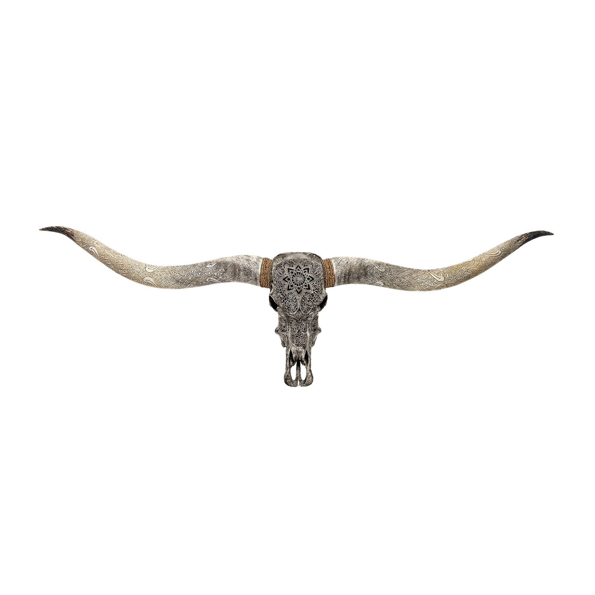 Hand Carved Longhorn Skull // XL Horns - Gray Mandala