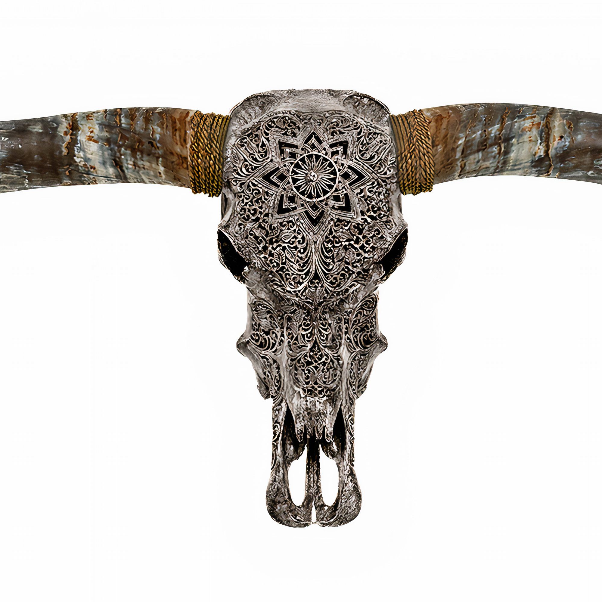 Hand Carved Longhorn Skull // XL Horns - Gray Mandala