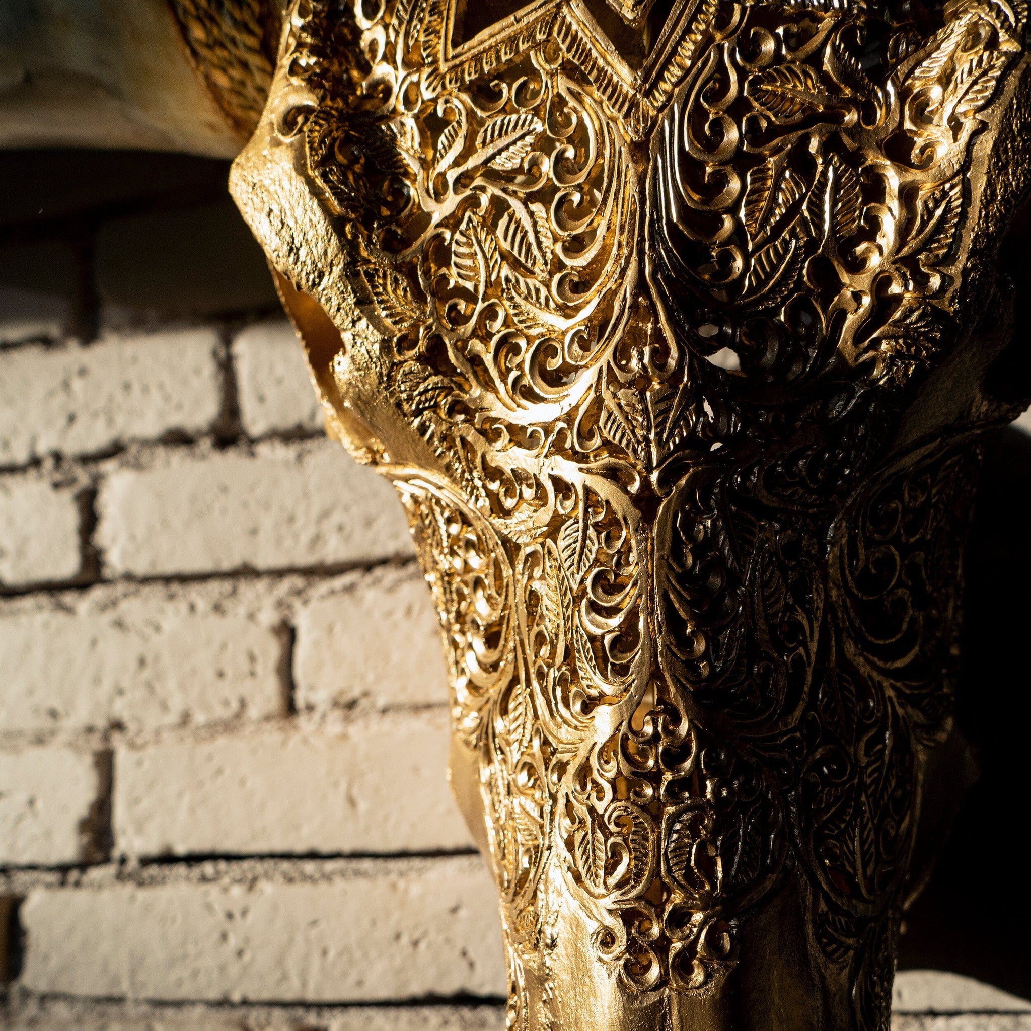 Hand Carved Longhorn Skull - Golden Mandala