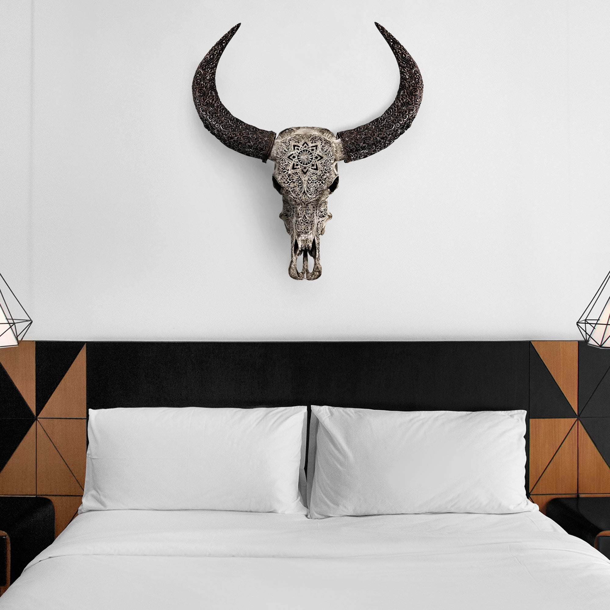 Hand Carved Buffalo Skull - Gray Mandala