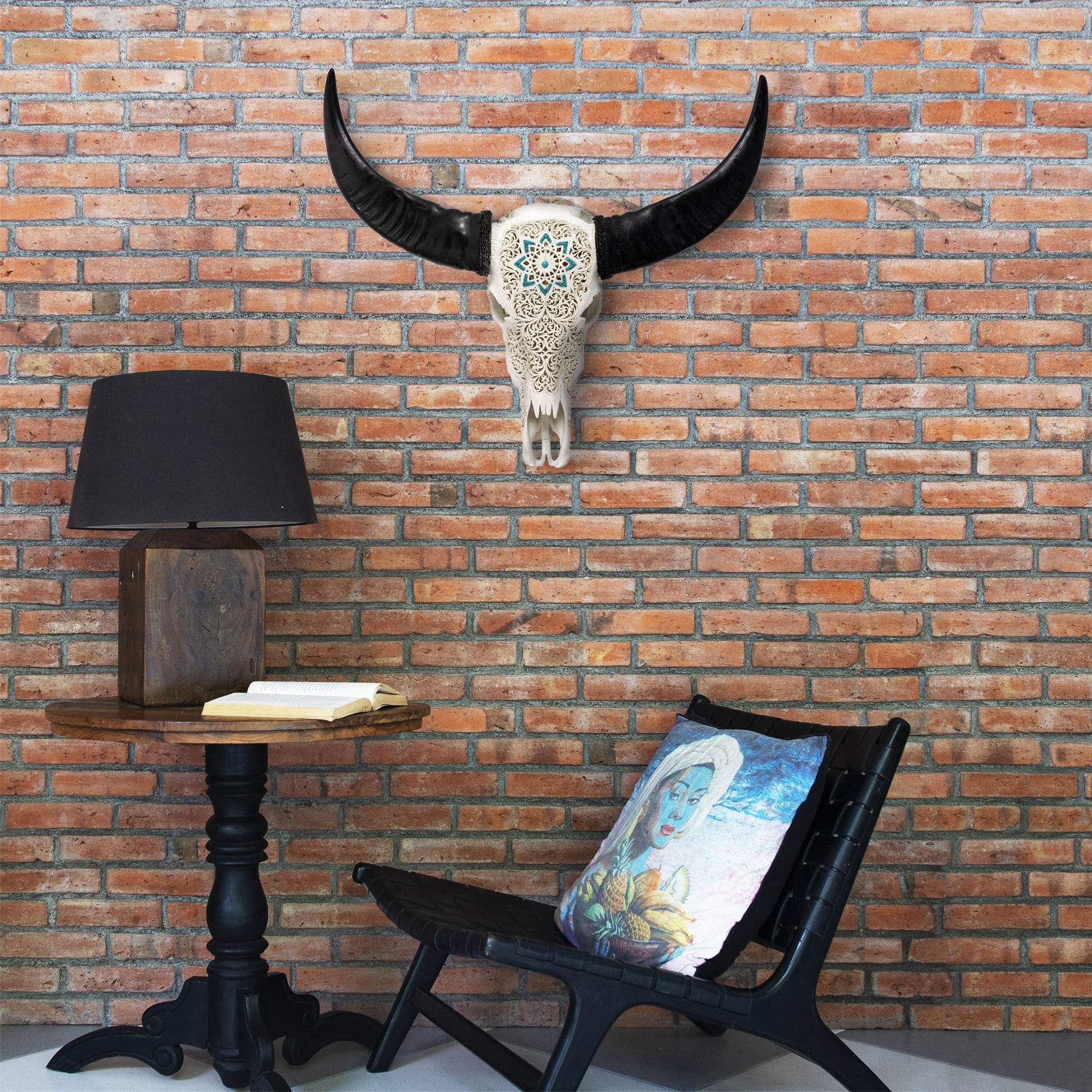 Hand Carved Buffalo Skull - White Glowing Mandala