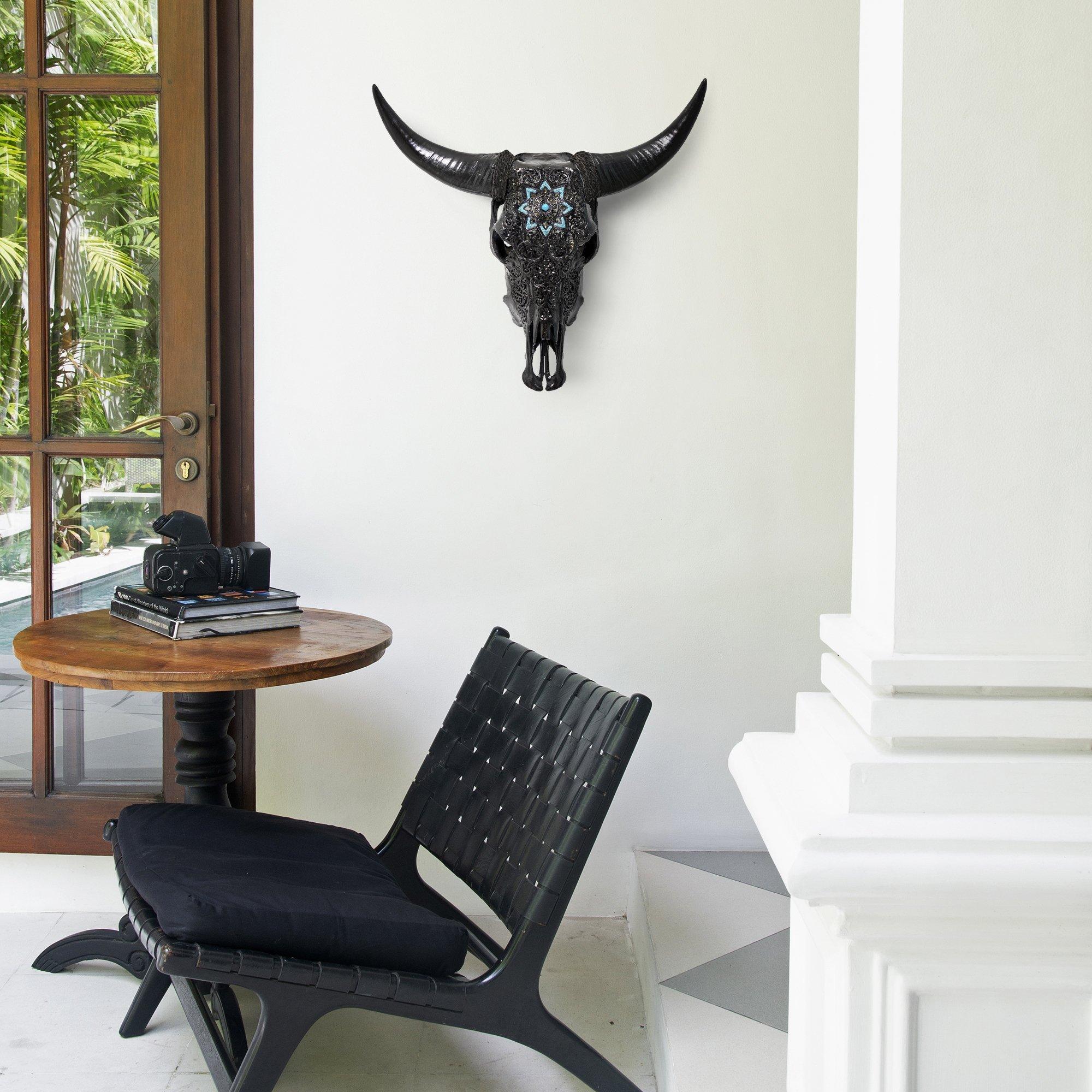 Hand Carved Cow Skull - Black Glowing Mandala