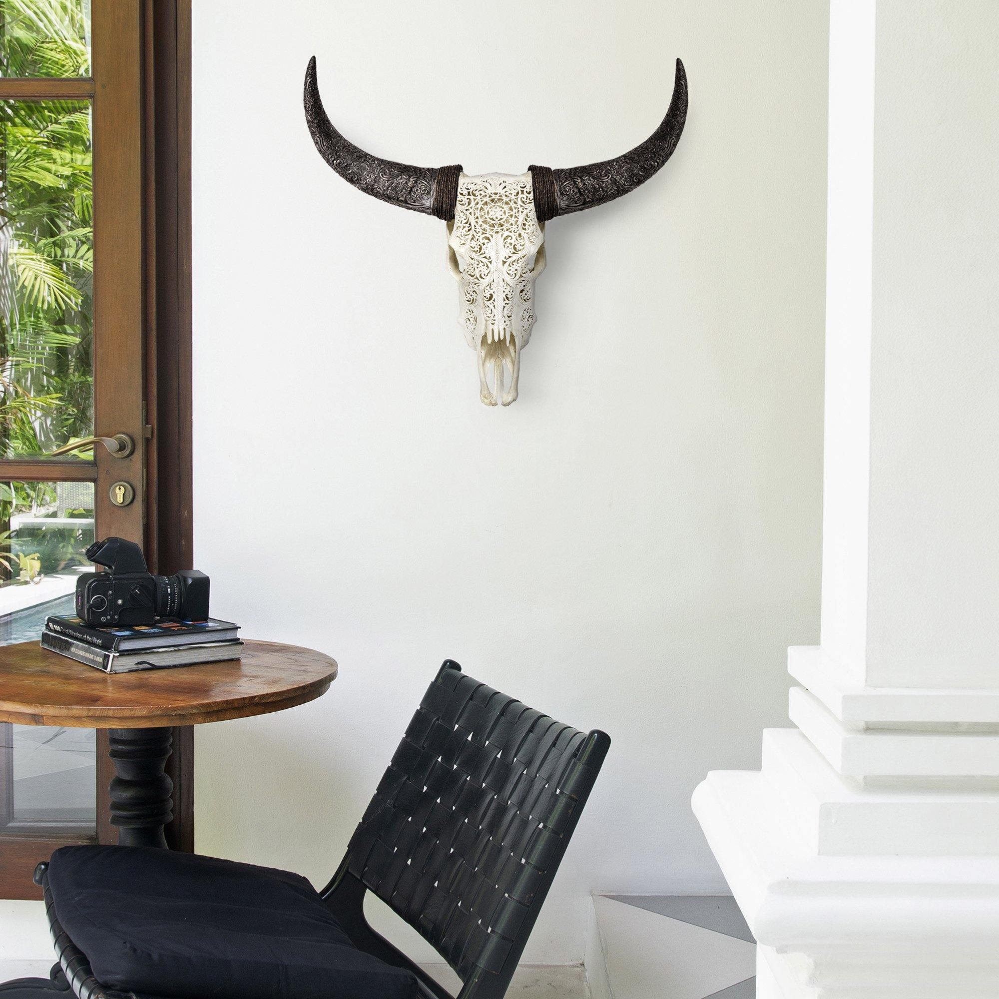 Hand Carved Cow Skull - White Sun