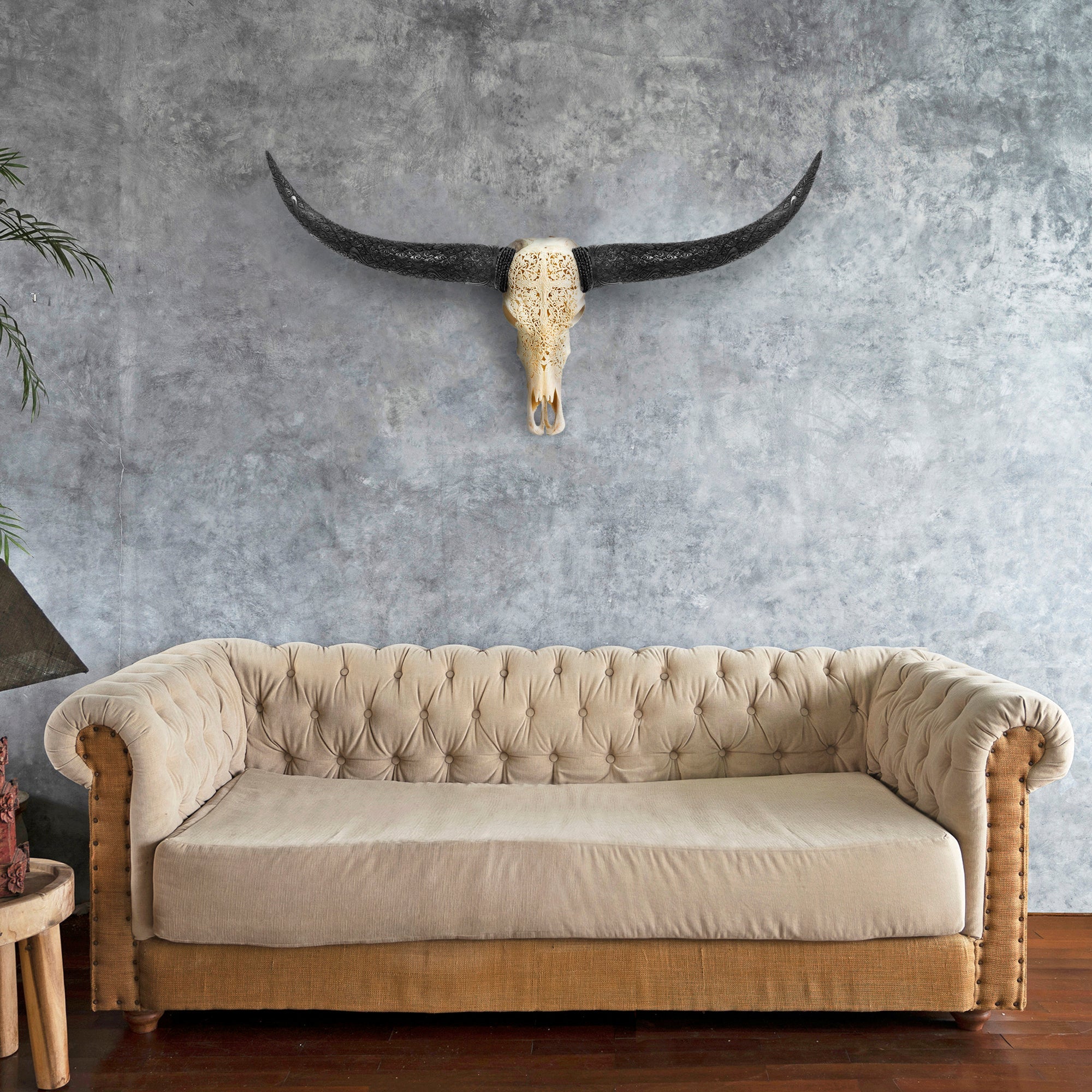 Hand Carved Longhorn Skull - Gothic Cross