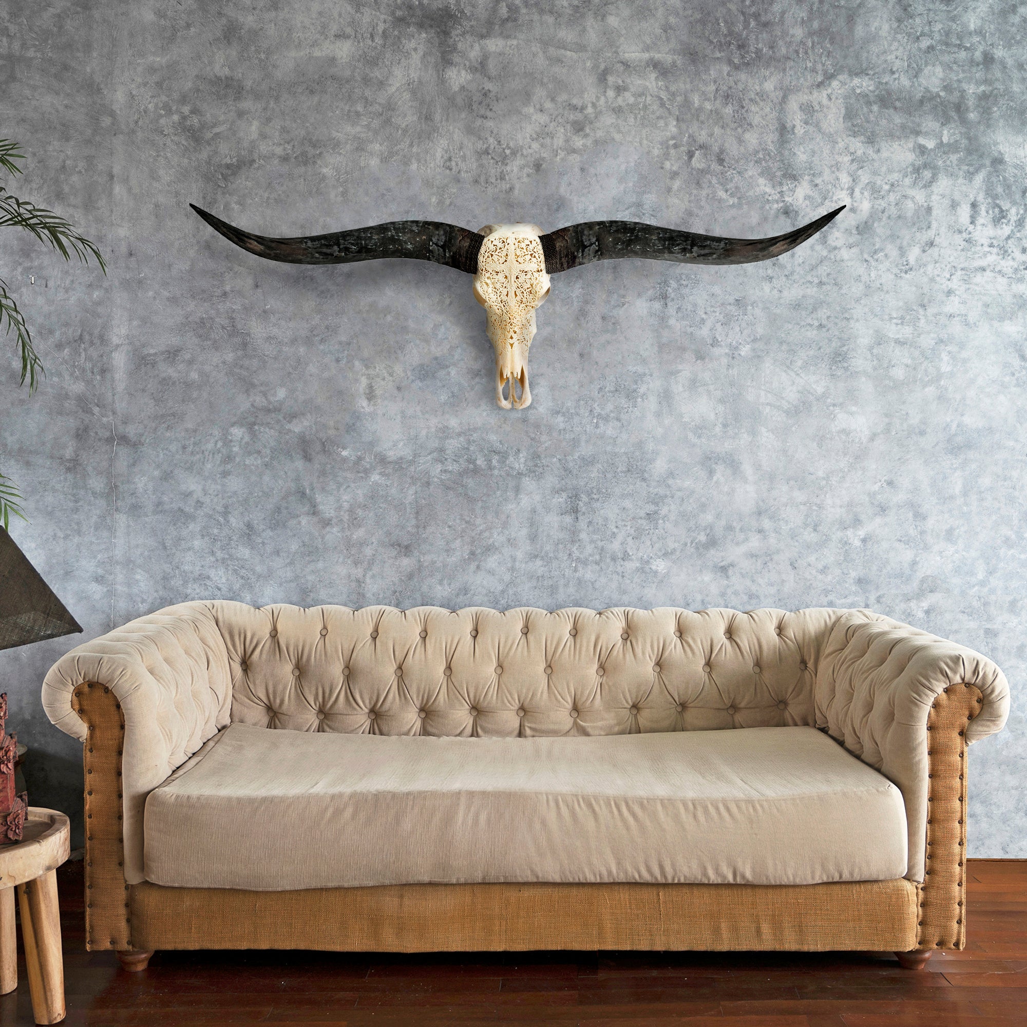 Hand Carved Longhorn Skull - Gothic Cross