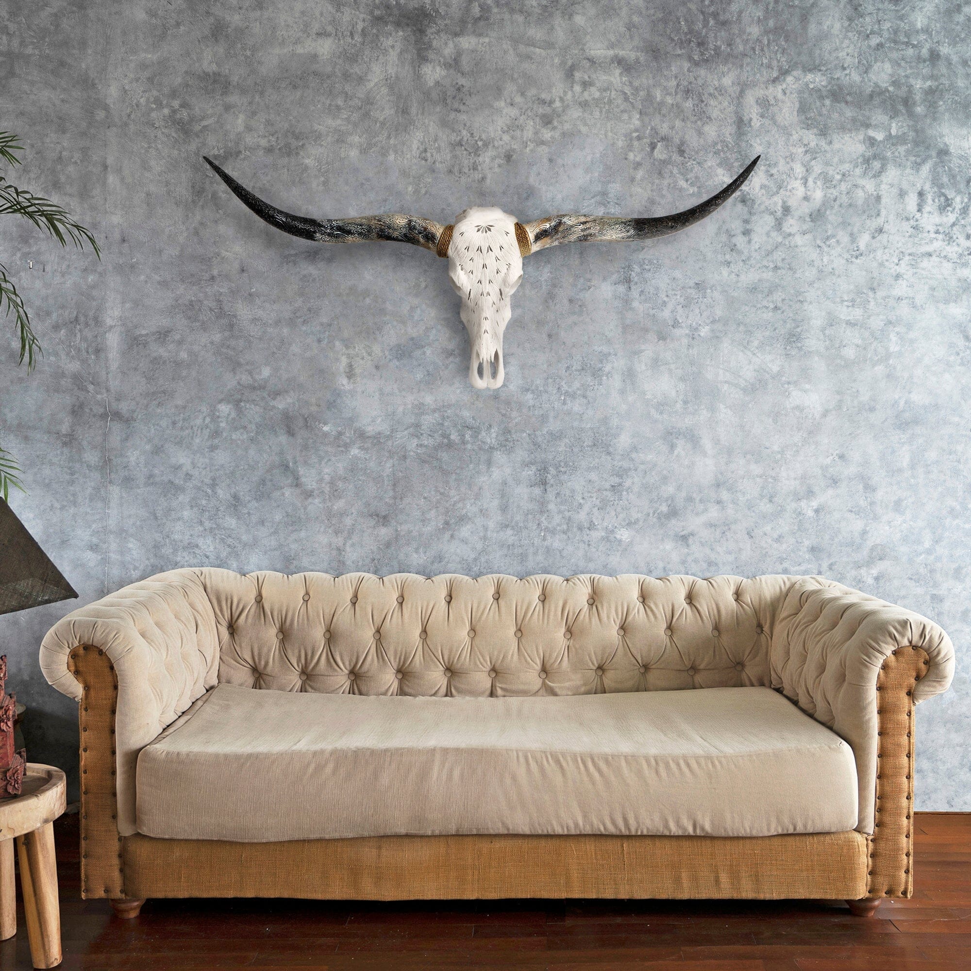 Hand Carved Longhorn Skull - White Feathers