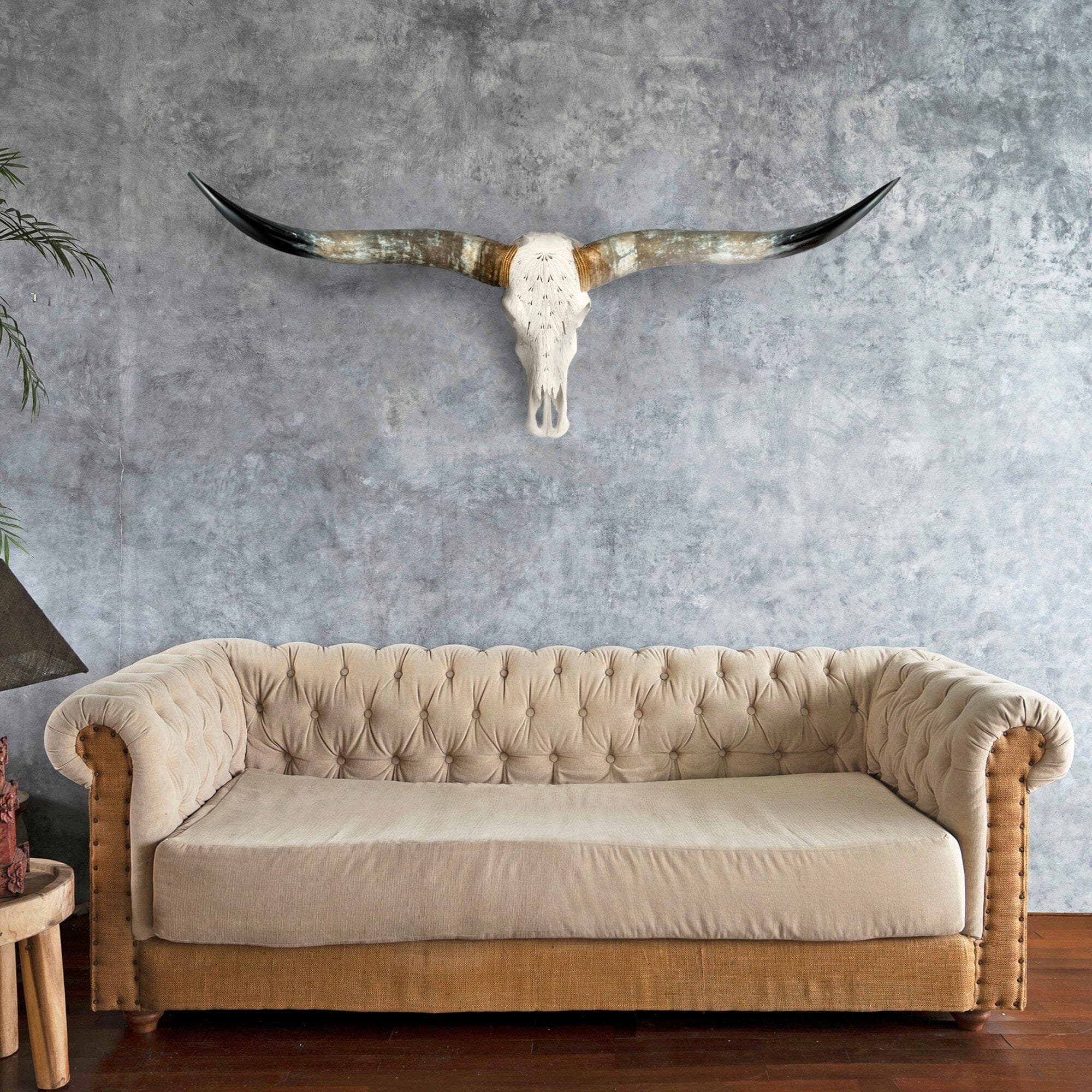 Hand Carved Longhorn Skull - White Feathers