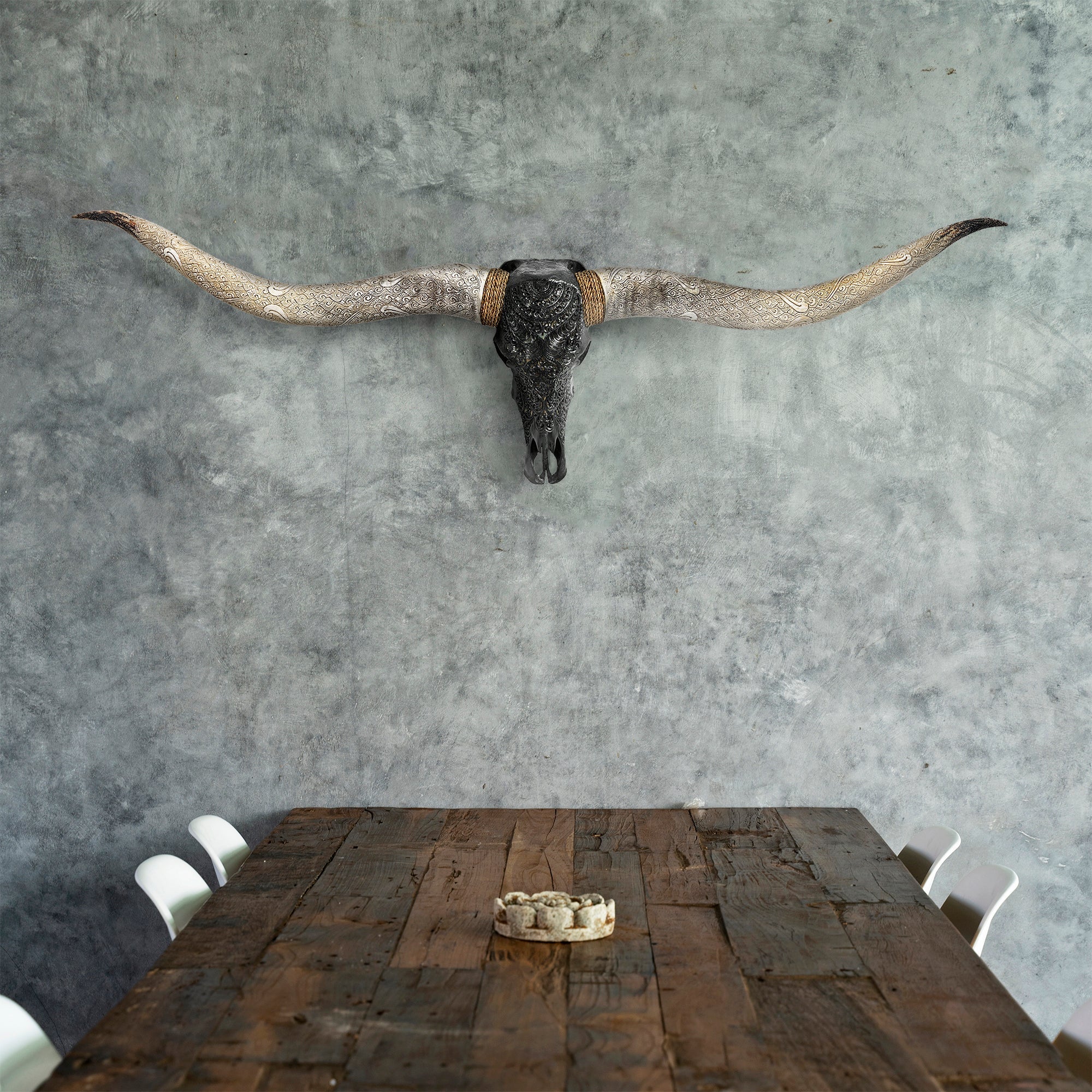 Hand Carved Longhorn Skull // XL Horns - Black Boho