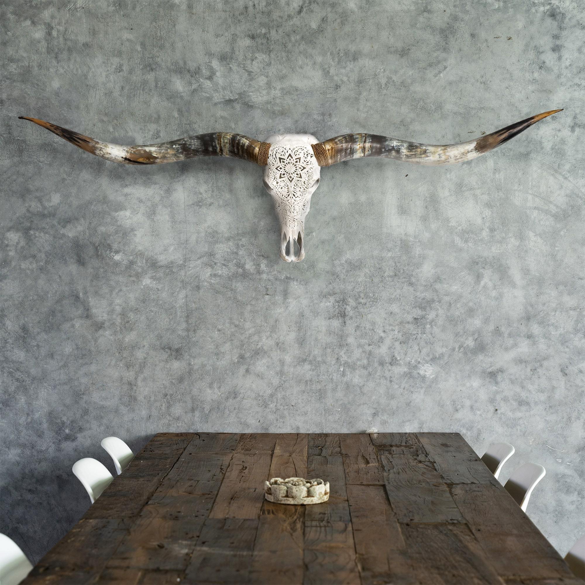 Hand Carved Longhorn Skull // XL Horns - White Mandala