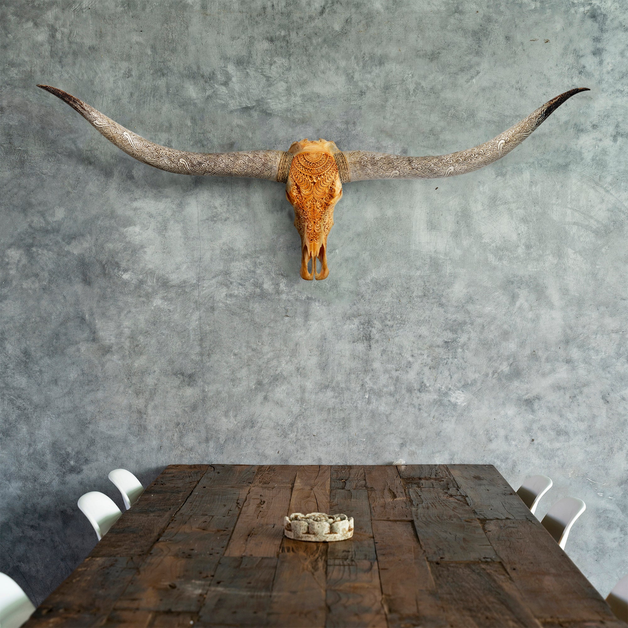 Hand Carved Longhorn Skull // XL Horns - Antique Boho