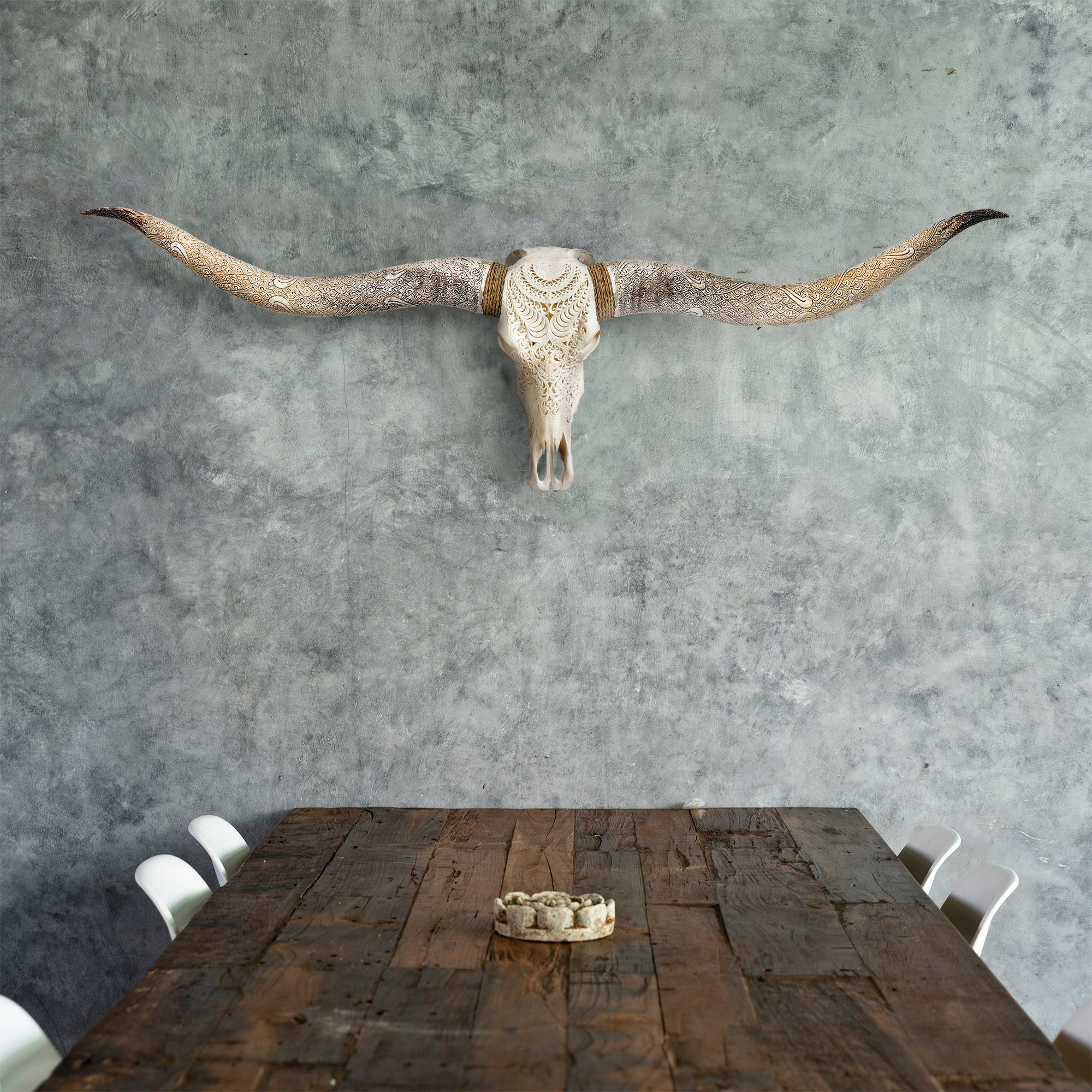 Hand Carved Longhorn Skull // XL Horns - White Boho