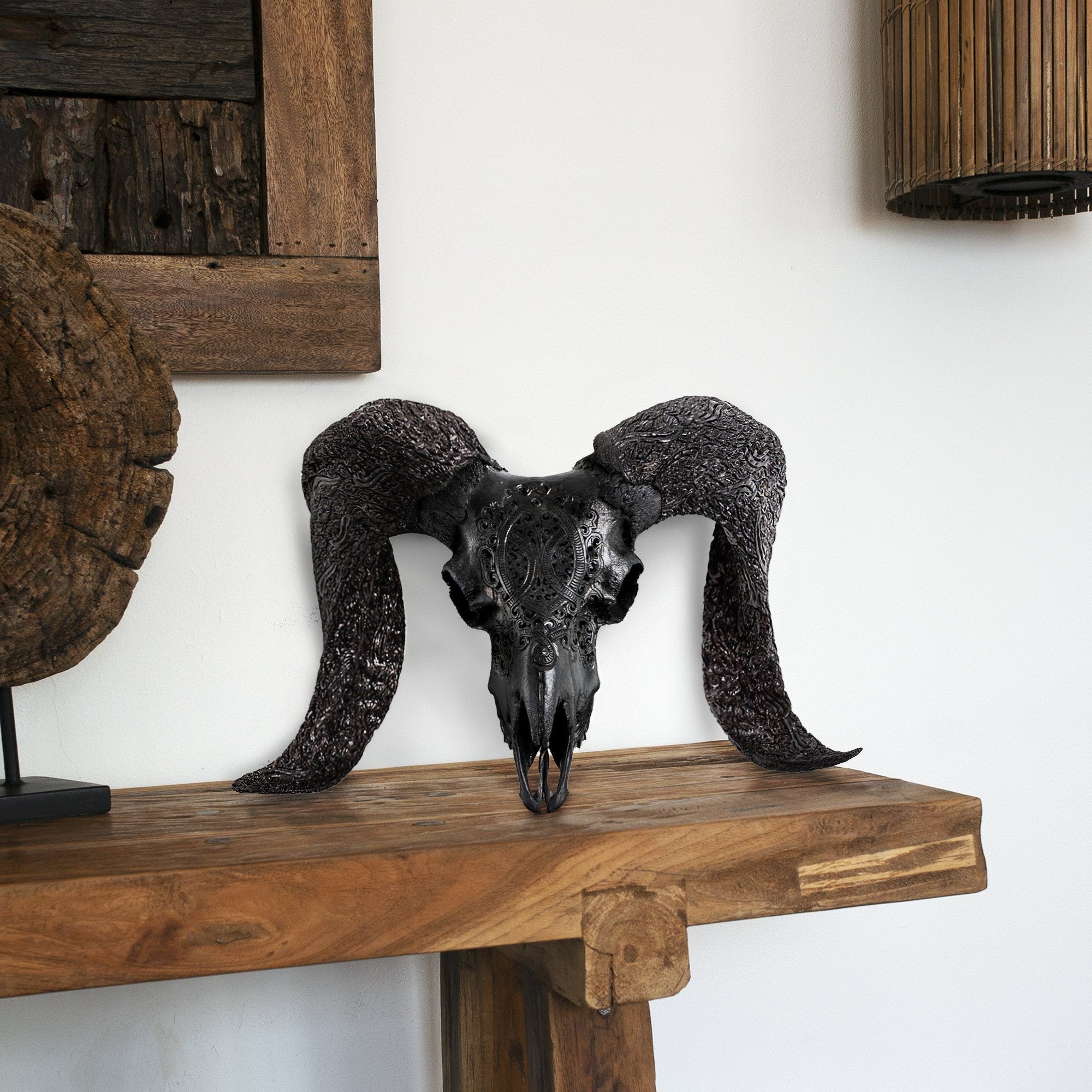 Hand Carved Ram Skull - Black Phantom