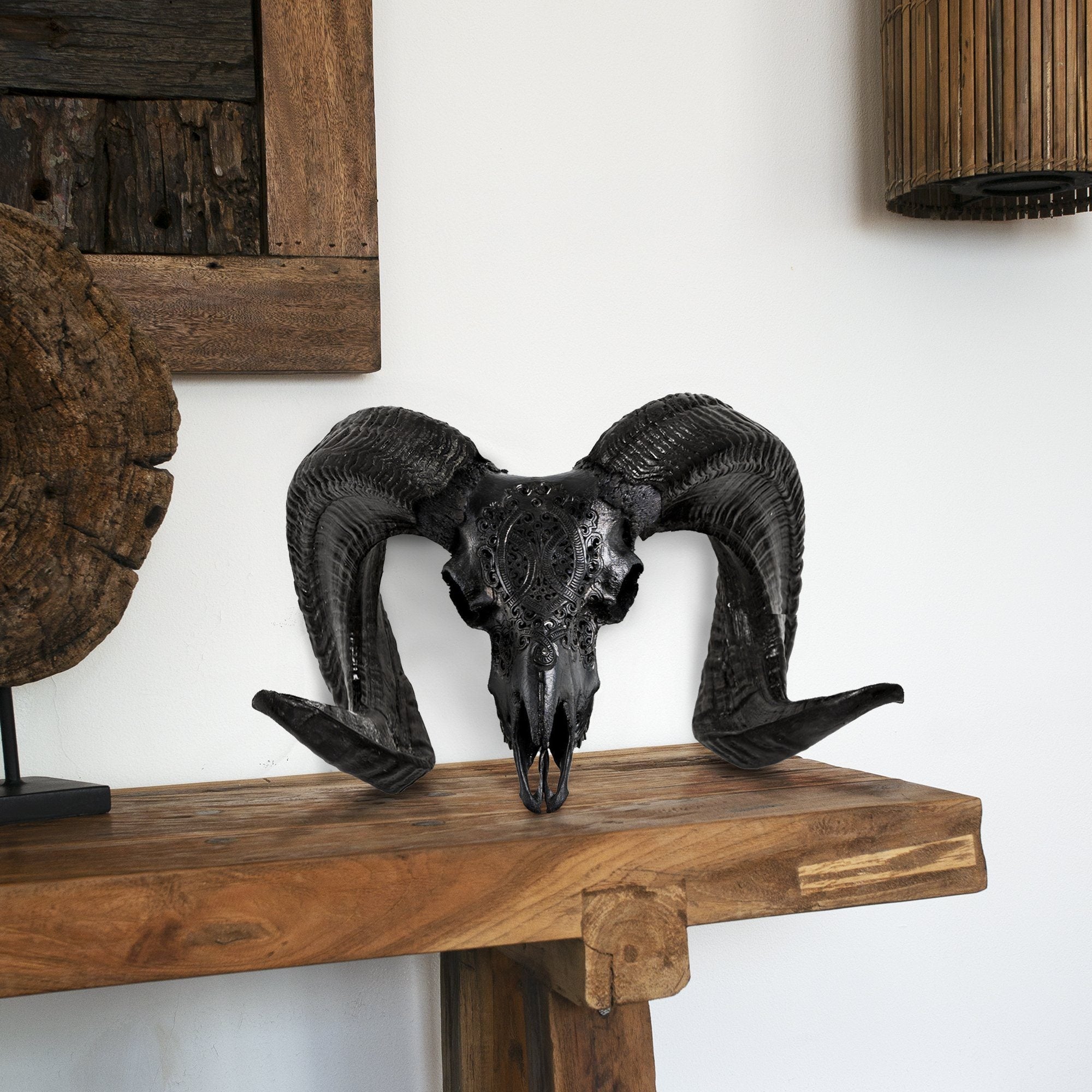 Hand Carved Ram Skull - Black Phantom