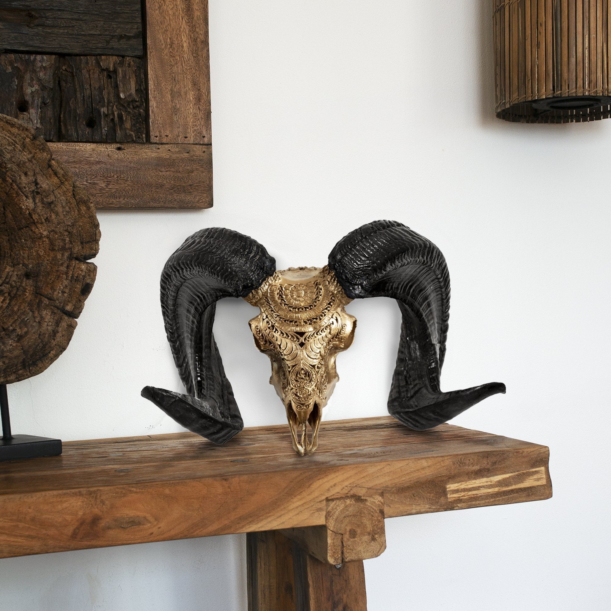 Hand Carved Ram Skull - Golden Boho