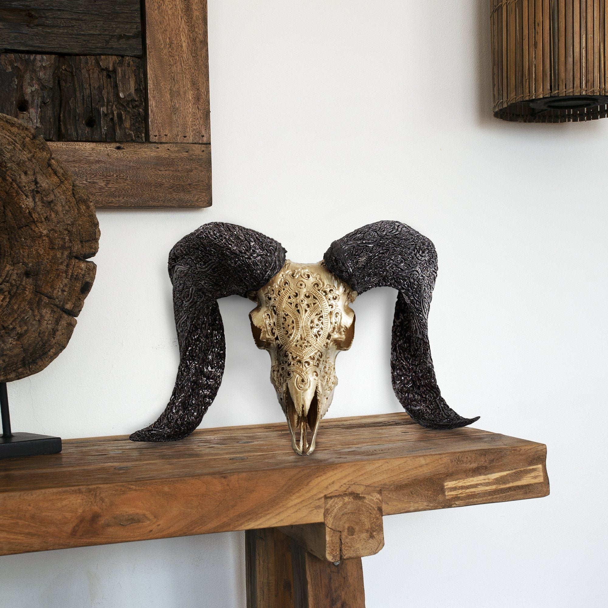 Hand Carved Ram Skull - Golden Phantom