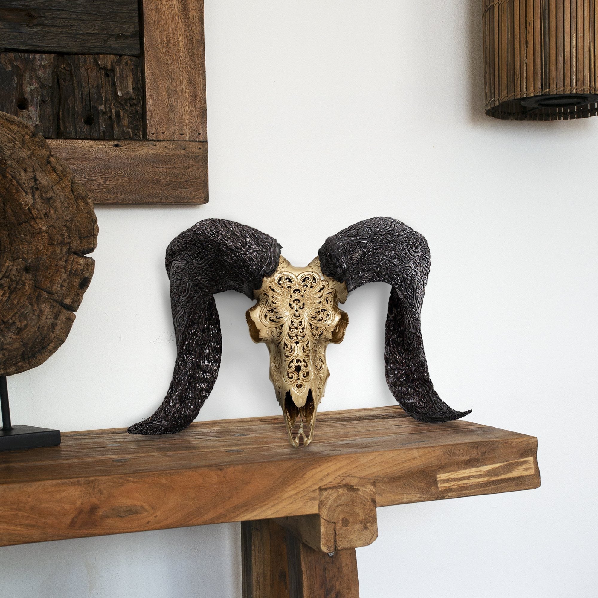 Hand Carved Ram Skull - Golden Phoenix