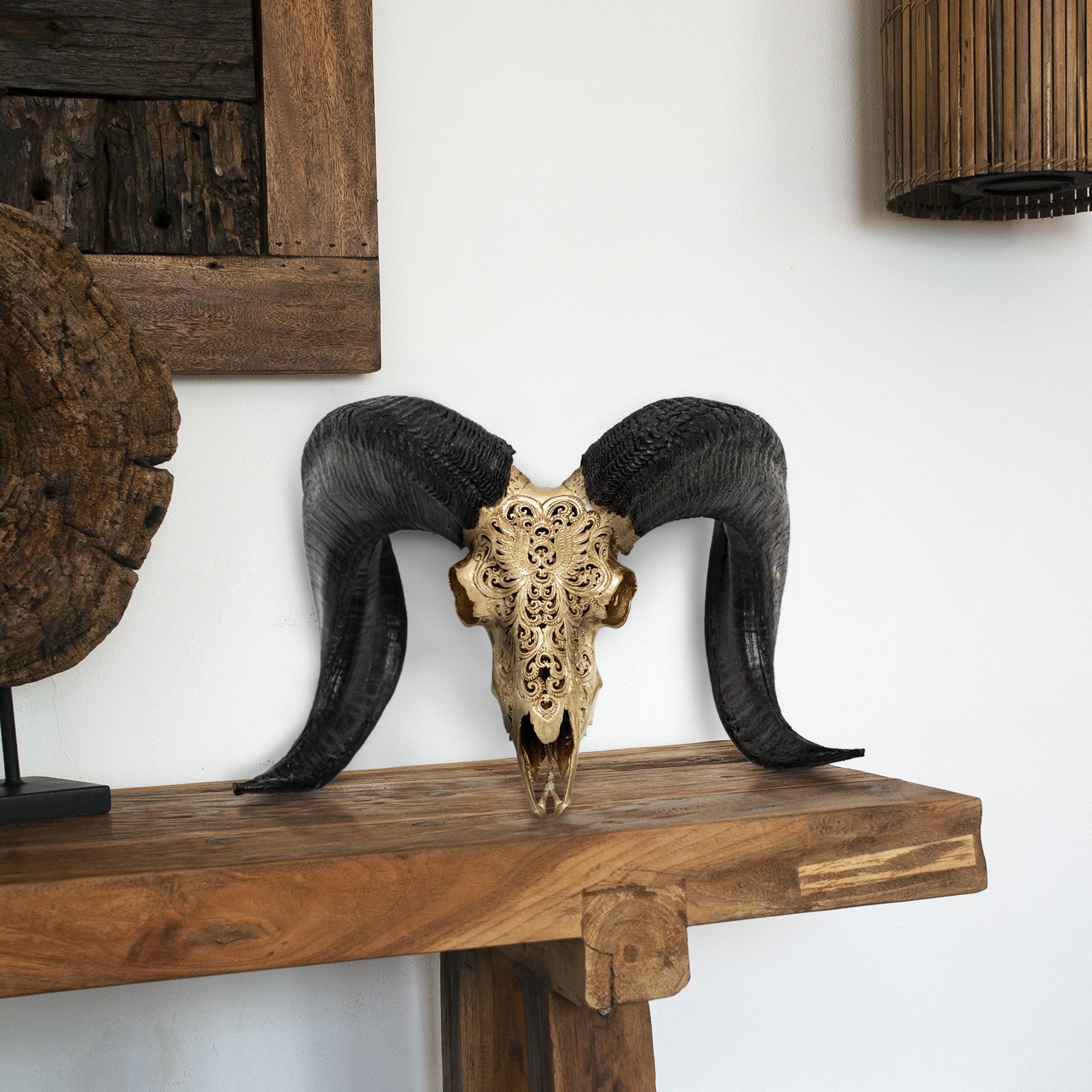 Hand Carved Ram Skull - Golden Phoenix