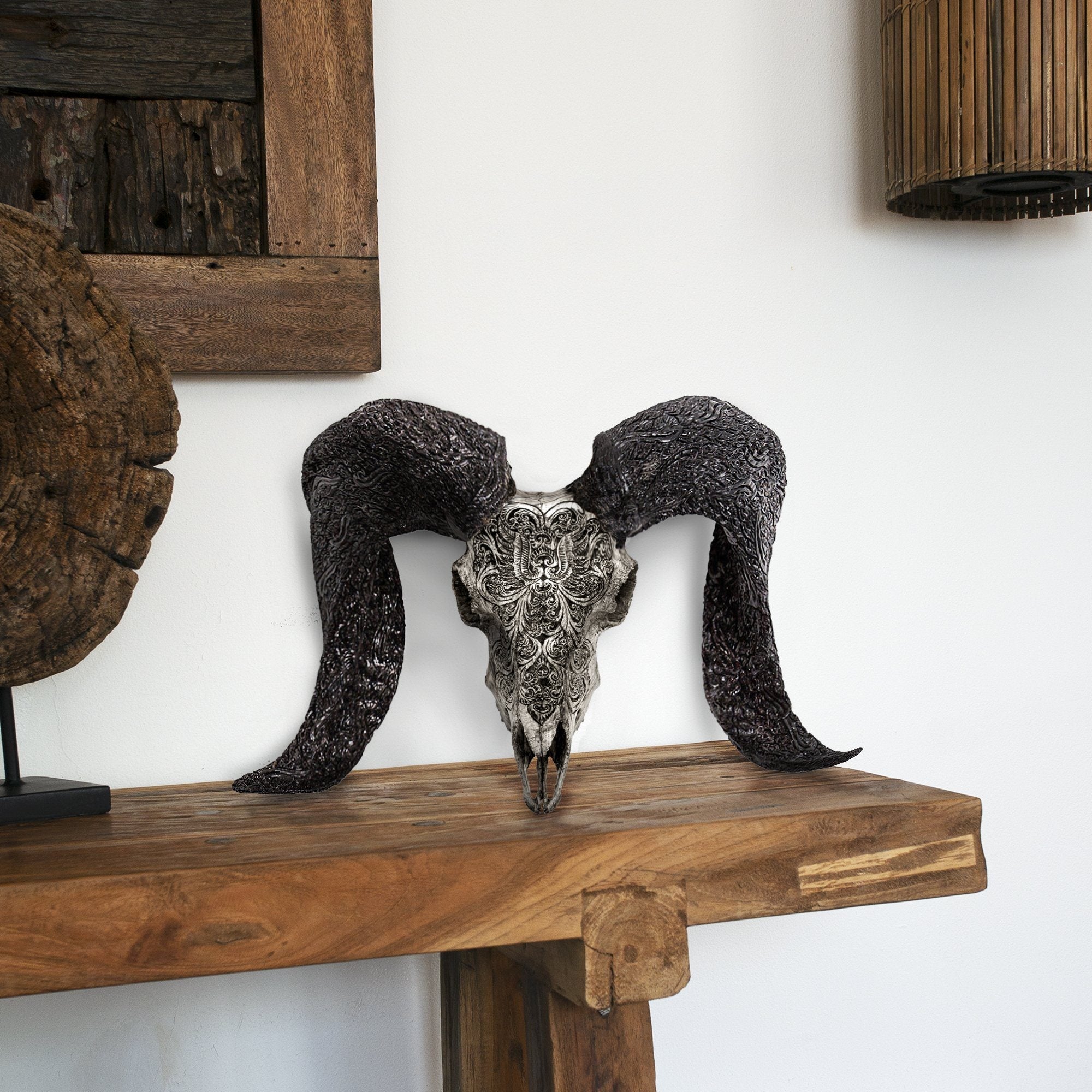 Hand Carved Ram Skull - Gray Phoenix