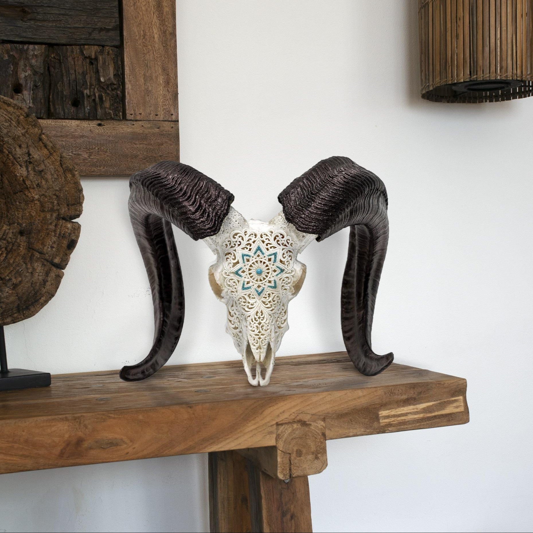 Hand Carved Ram Skull - White Glowing Mandala