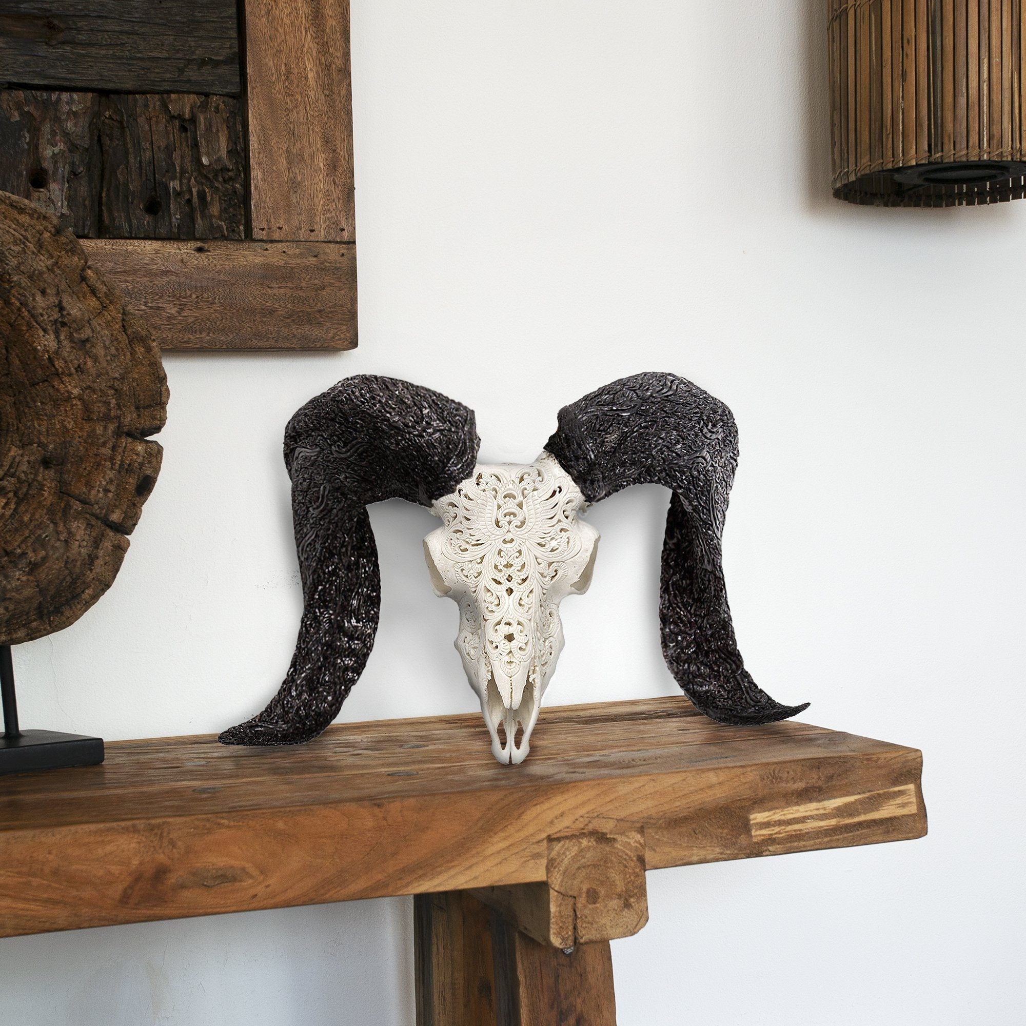 Hand Carved Ram Skull - White Phoenix