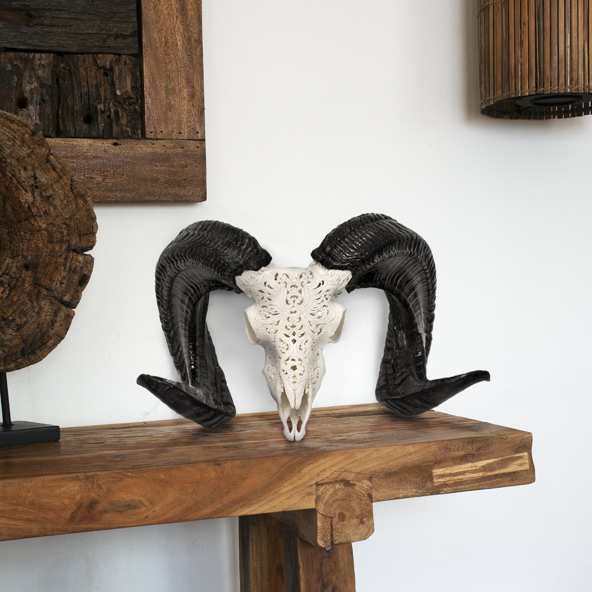 Hand Carved Ram Skull - White Phoenix