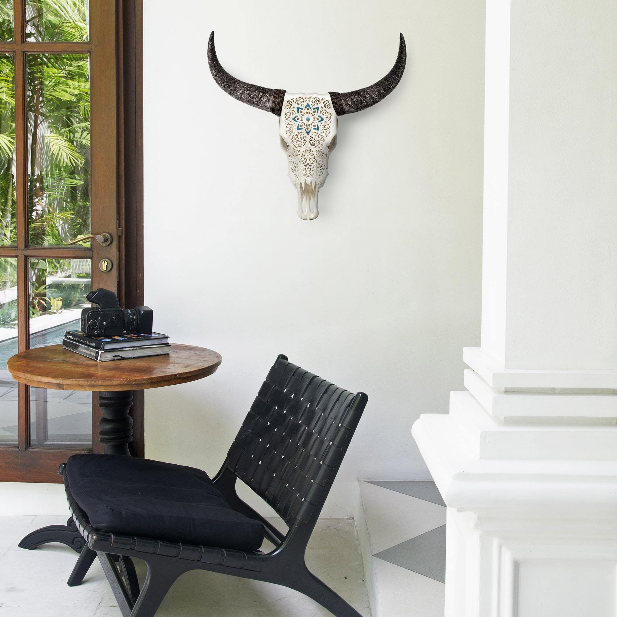 Hand Carved Cow Skull - White Glowing Mandala