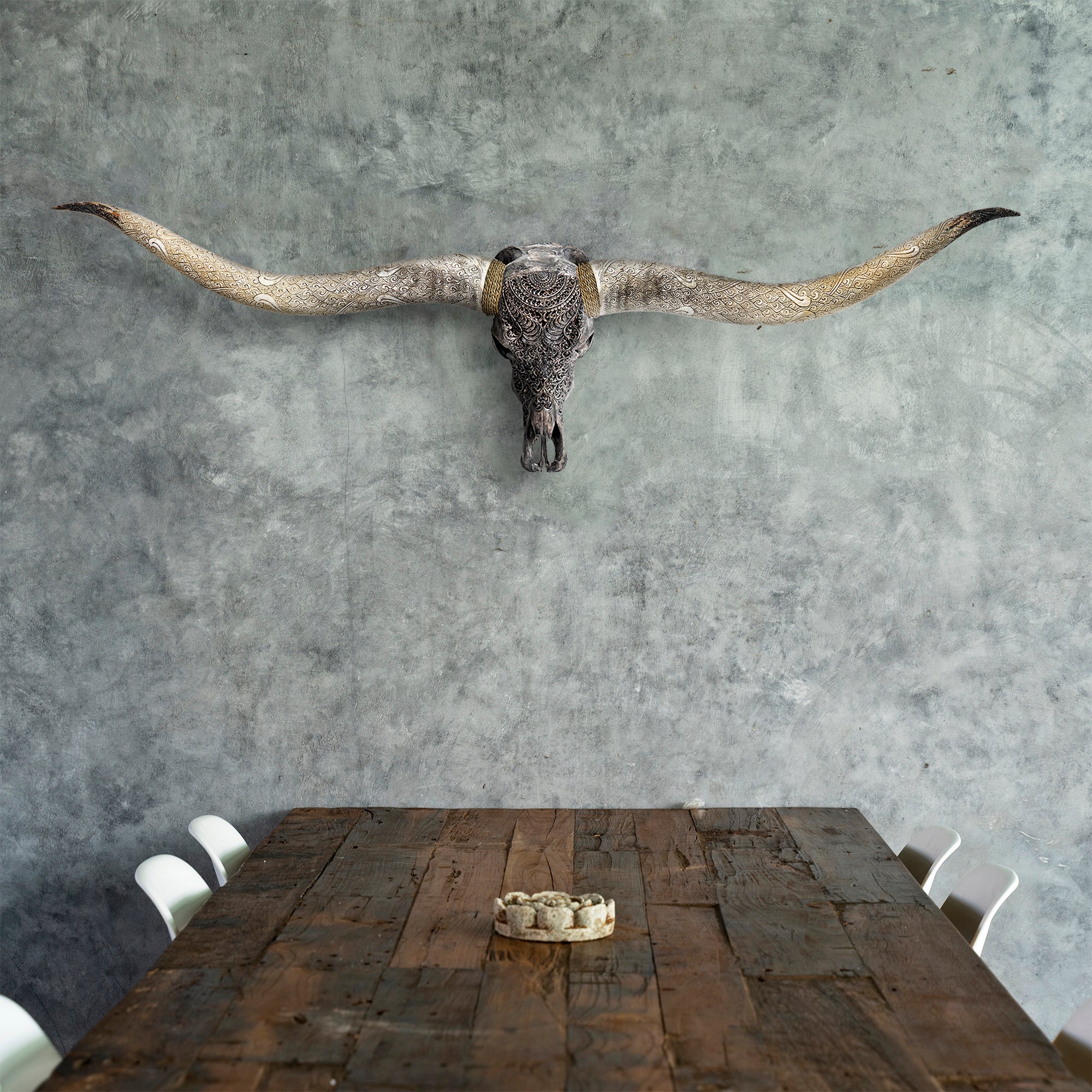 Hand Carved Longhorn Skull // XL Horns - Gray Boho