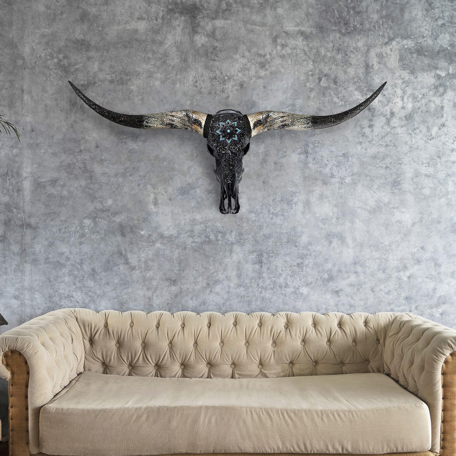Hand Carved Longhorn Skull - Black Glowing Mandala