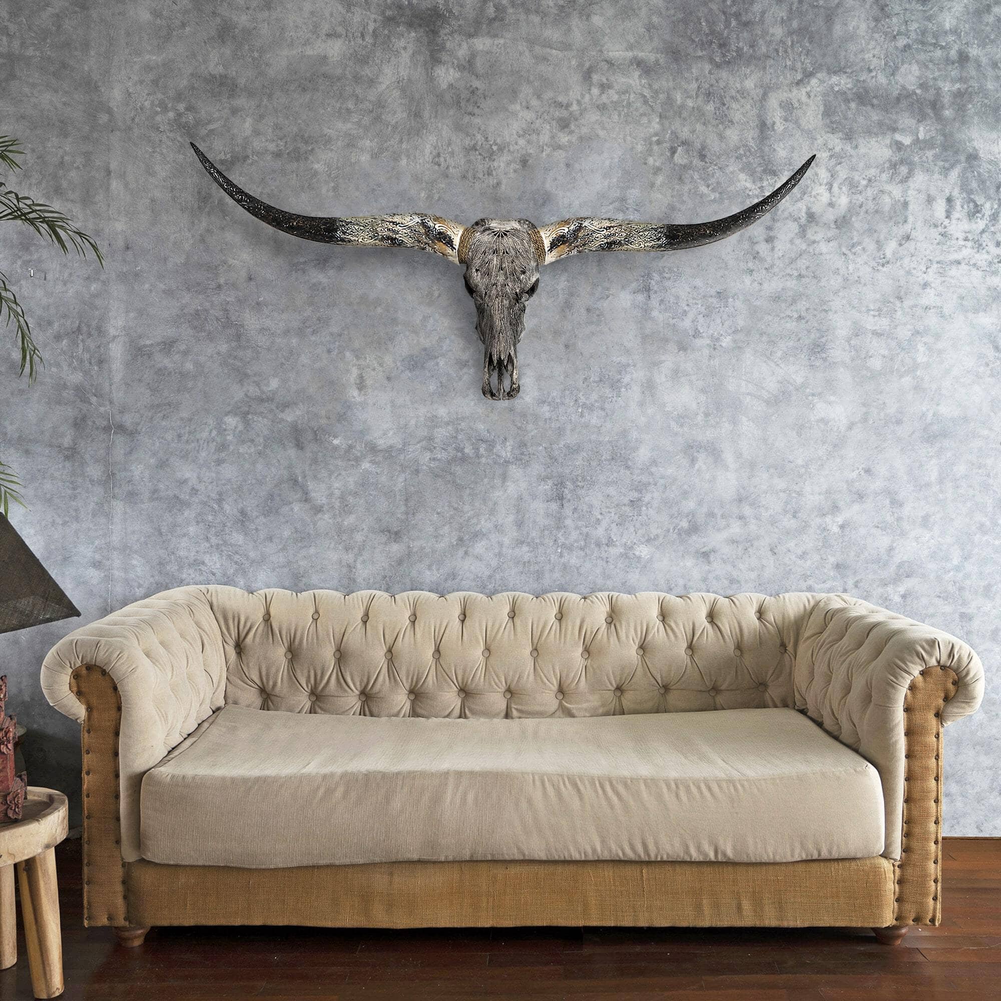 Hand Carved Longhorn Skull - Gray Feathers