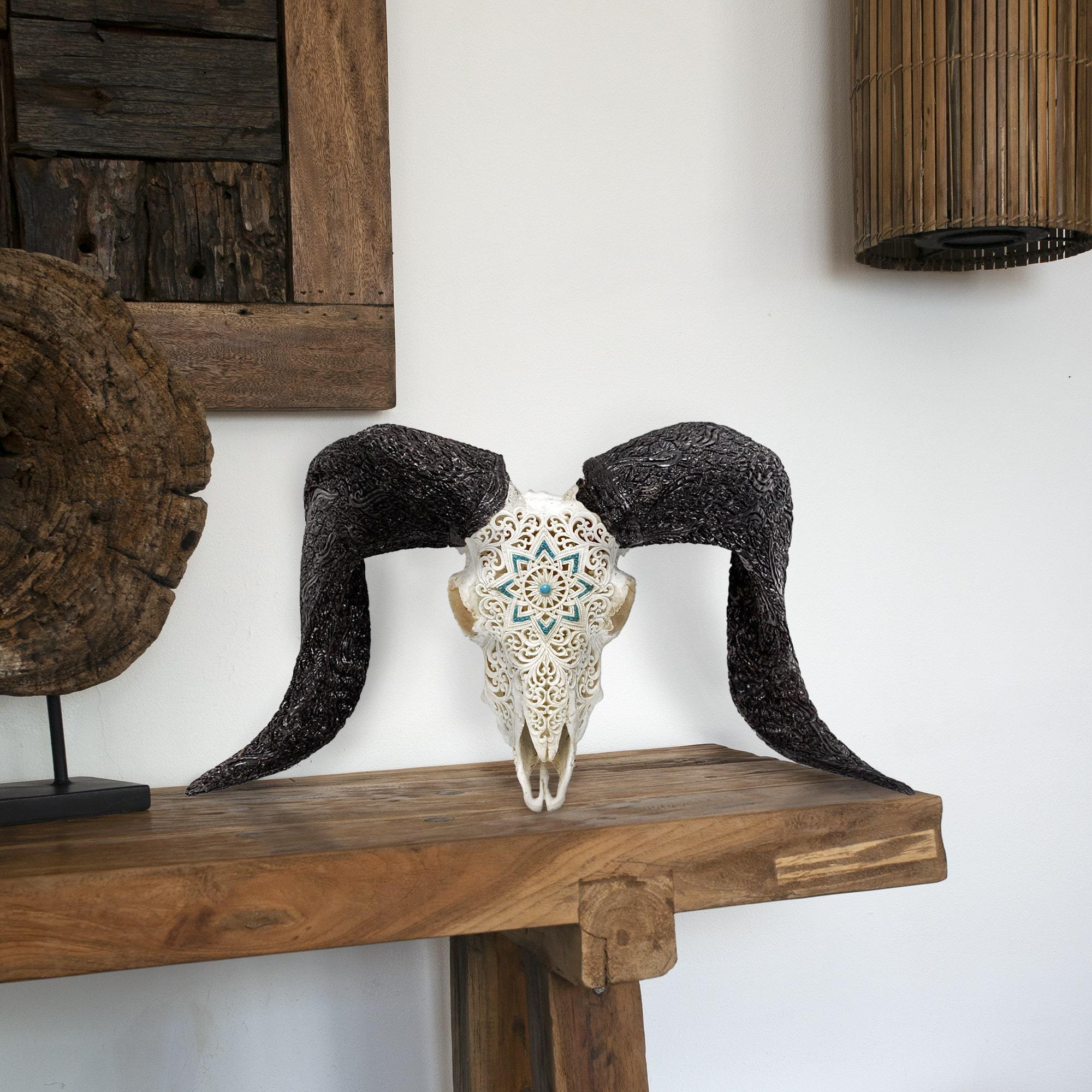 Hand Carved Ram Skull - White Glowing Mandala