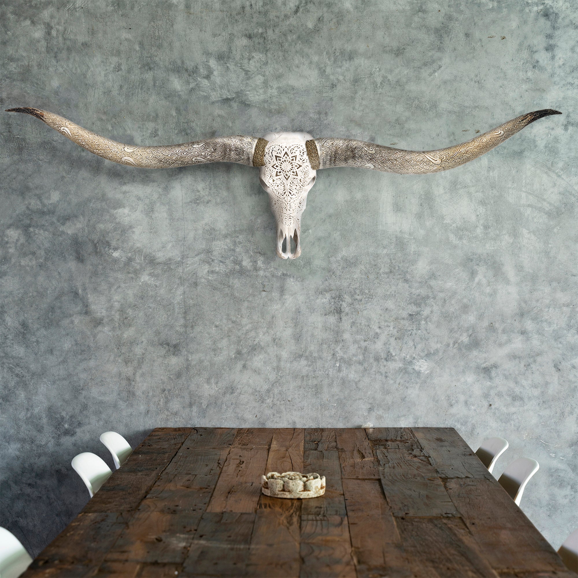 Hand Carved Longhorn Skull // XL Horns - White Mandala