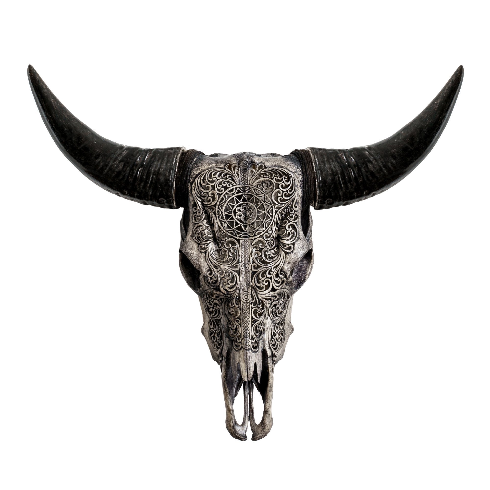 Hand Carved Cow Skull - Gray Sun