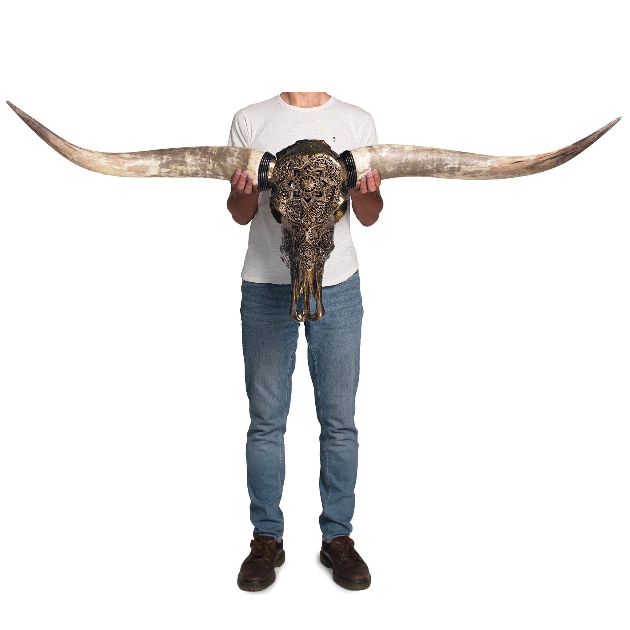 Hand Carved Longhorn Skull - Antique Bronze Mandala // Metallic Finish