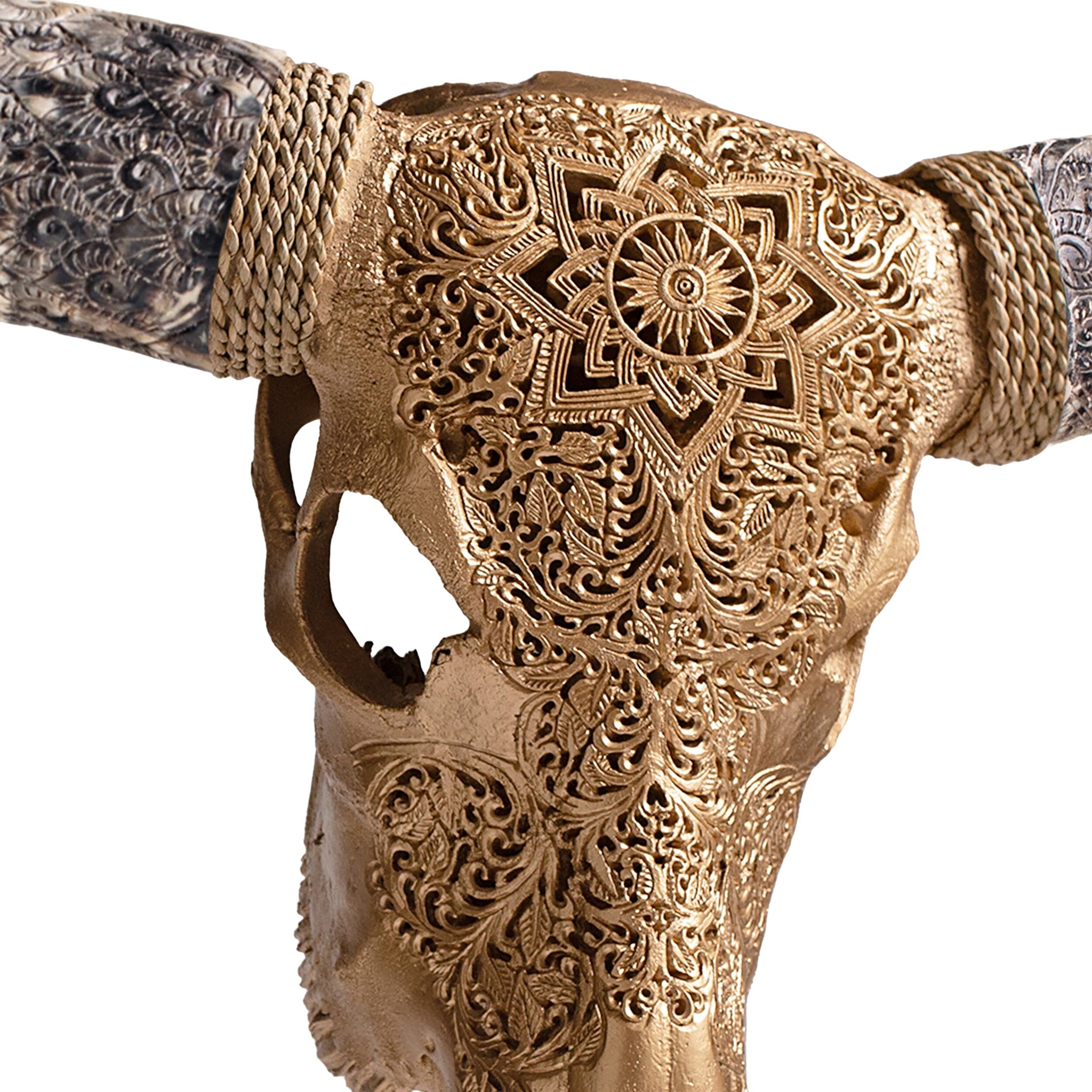 Hand Carved Longhorn Skull - Golden Mandala