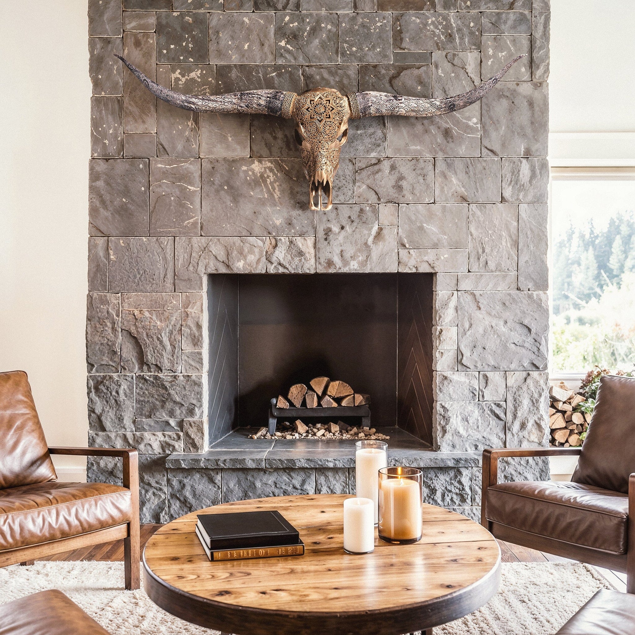 Hand Carved Longhorn Skull - Golden Mandala