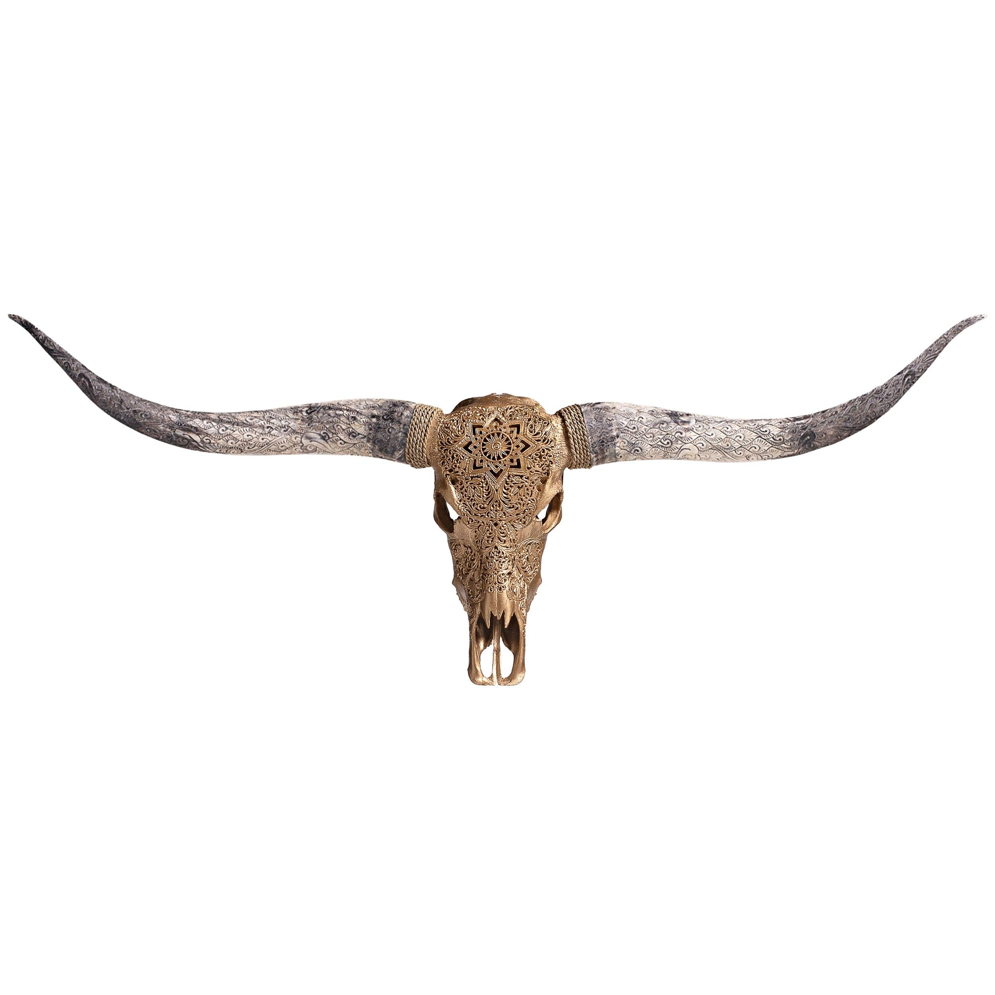 Hand Carved Longhorn Skull - Golden Mandala