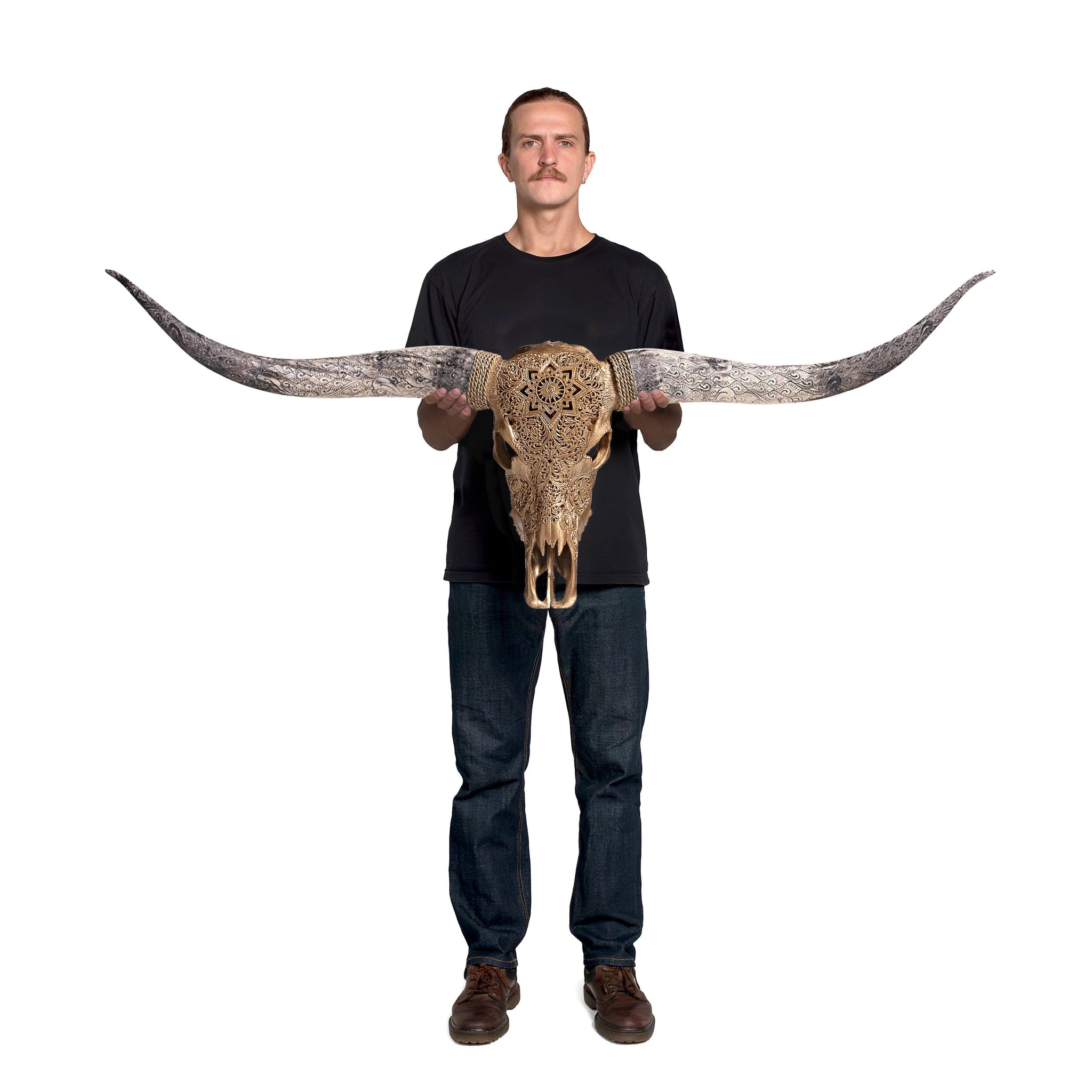 Hand Carved Longhorn Skull - Golden Mandala