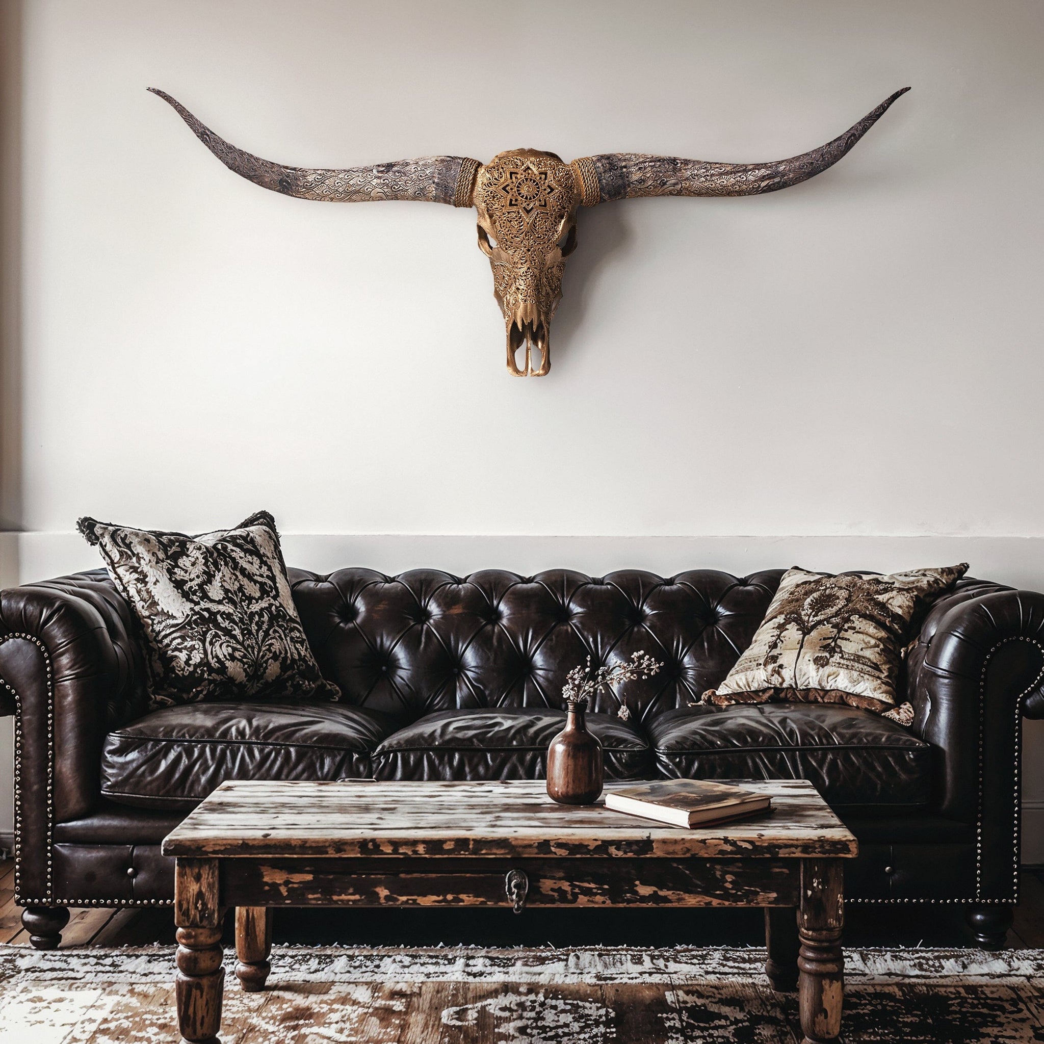 Hand Carved Longhorn Skull - Golden Mandala