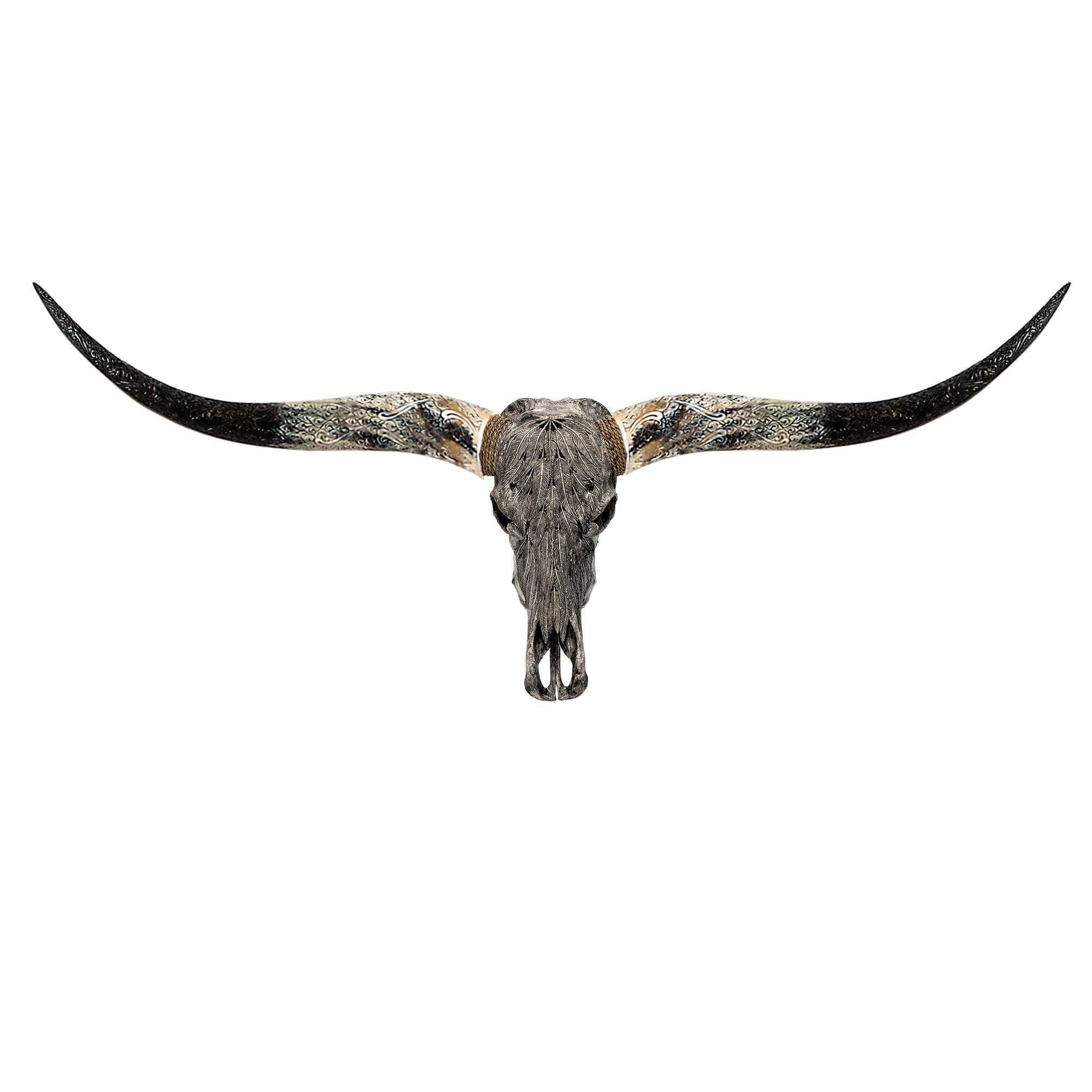 Hand Carved Longhorn Skull - Gray Feathers