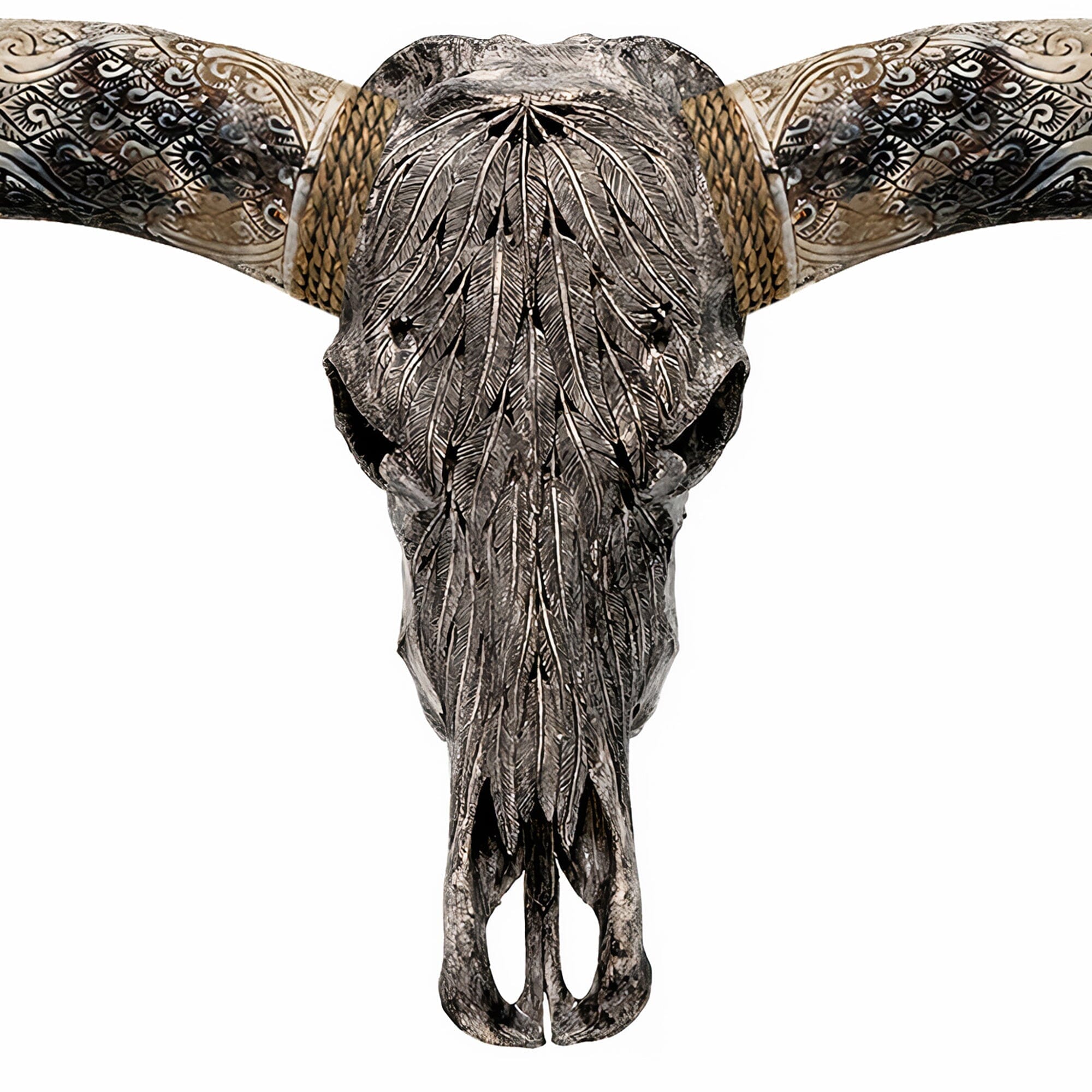 Hand Carved Longhorn Skull - Gray Feathers