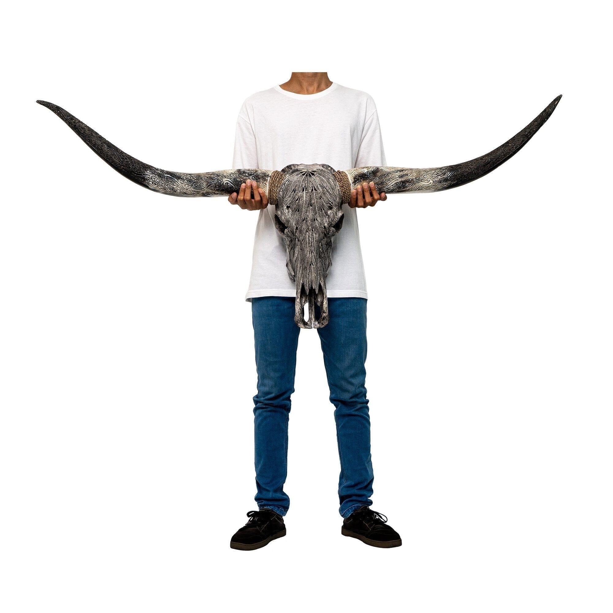 Hand Carved Longhorn Skull - Gray Feathers