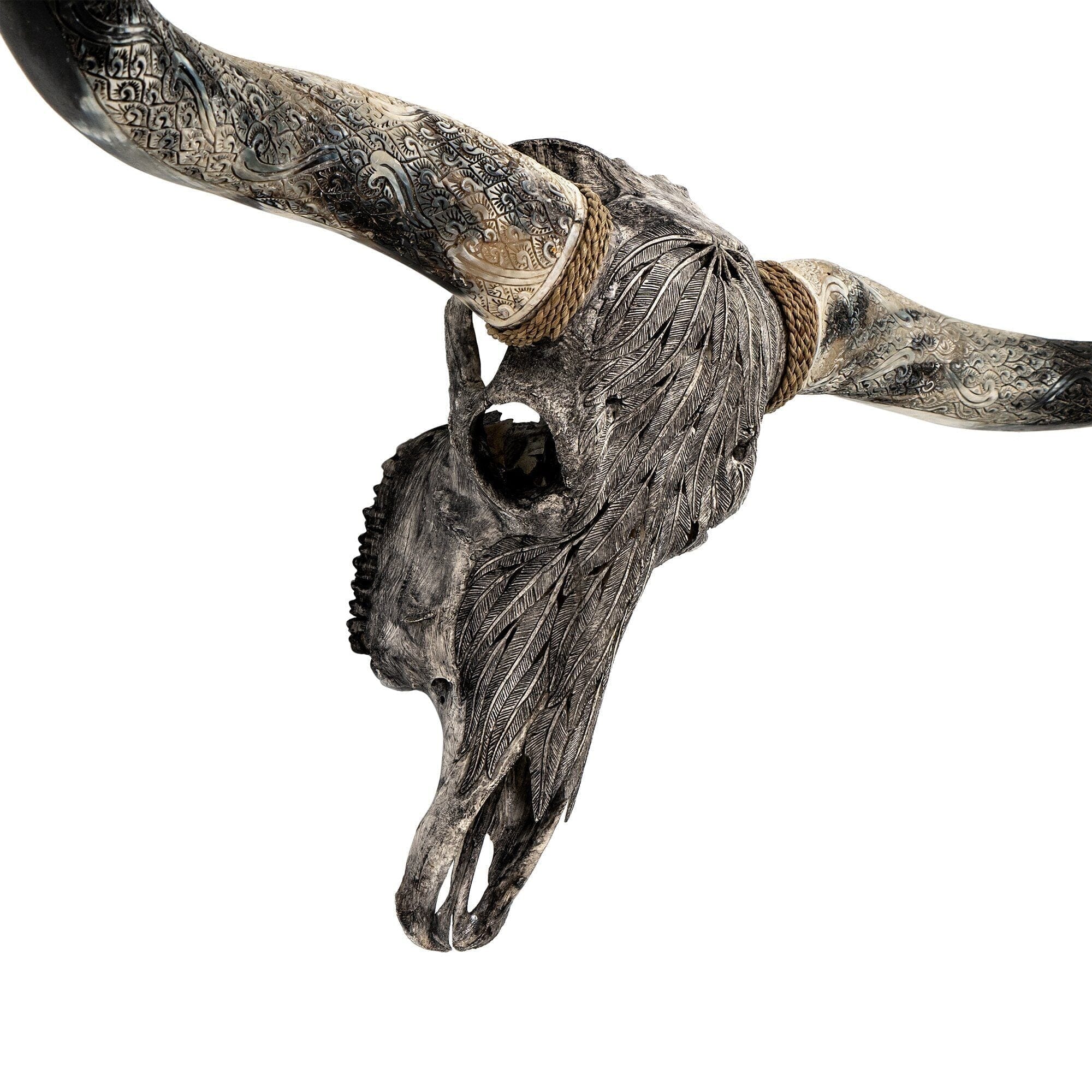 Hand Carved Longhorn Skull - Gray Feathers