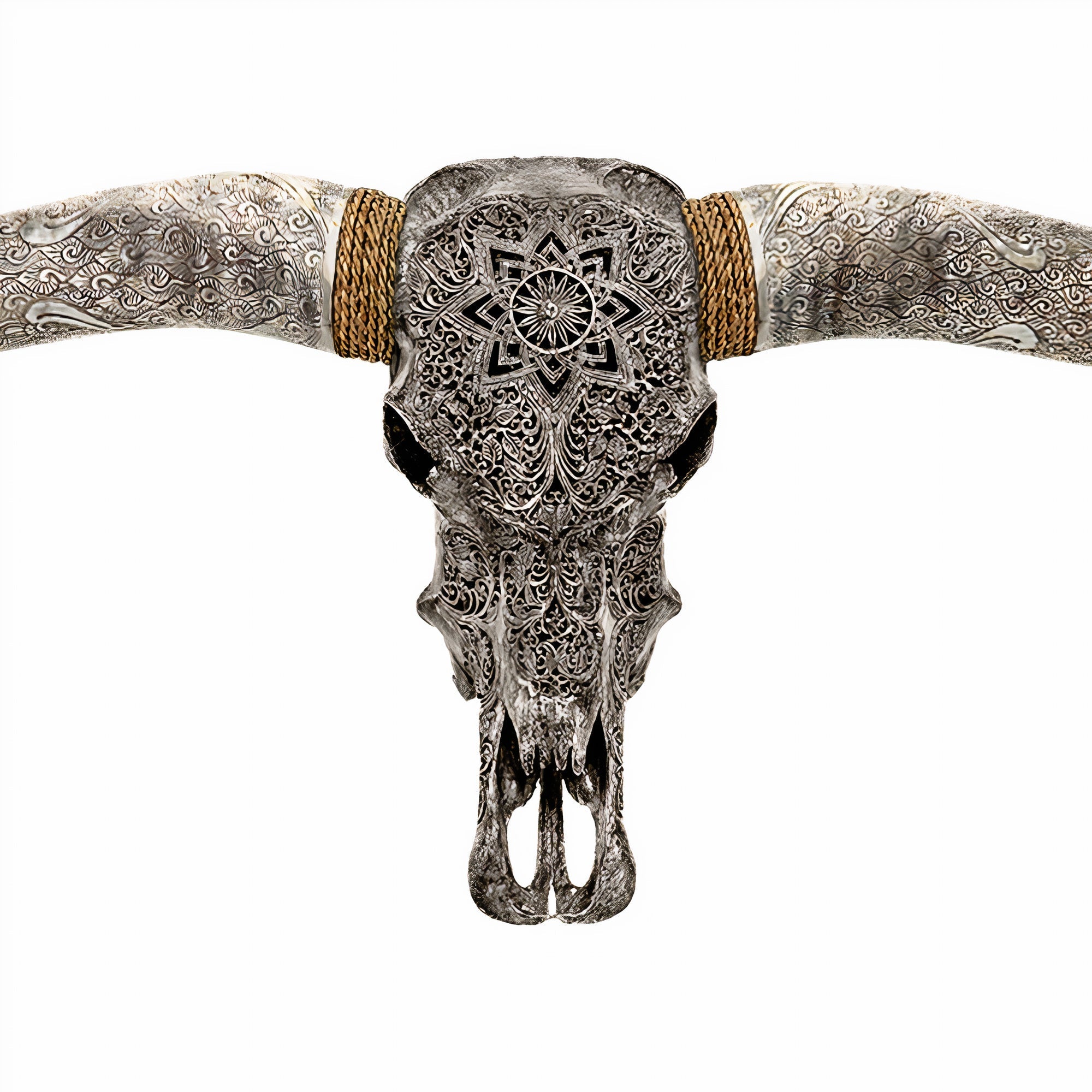 Hand Carved Longhorn Skull // XL Horns - Gray Mandala
