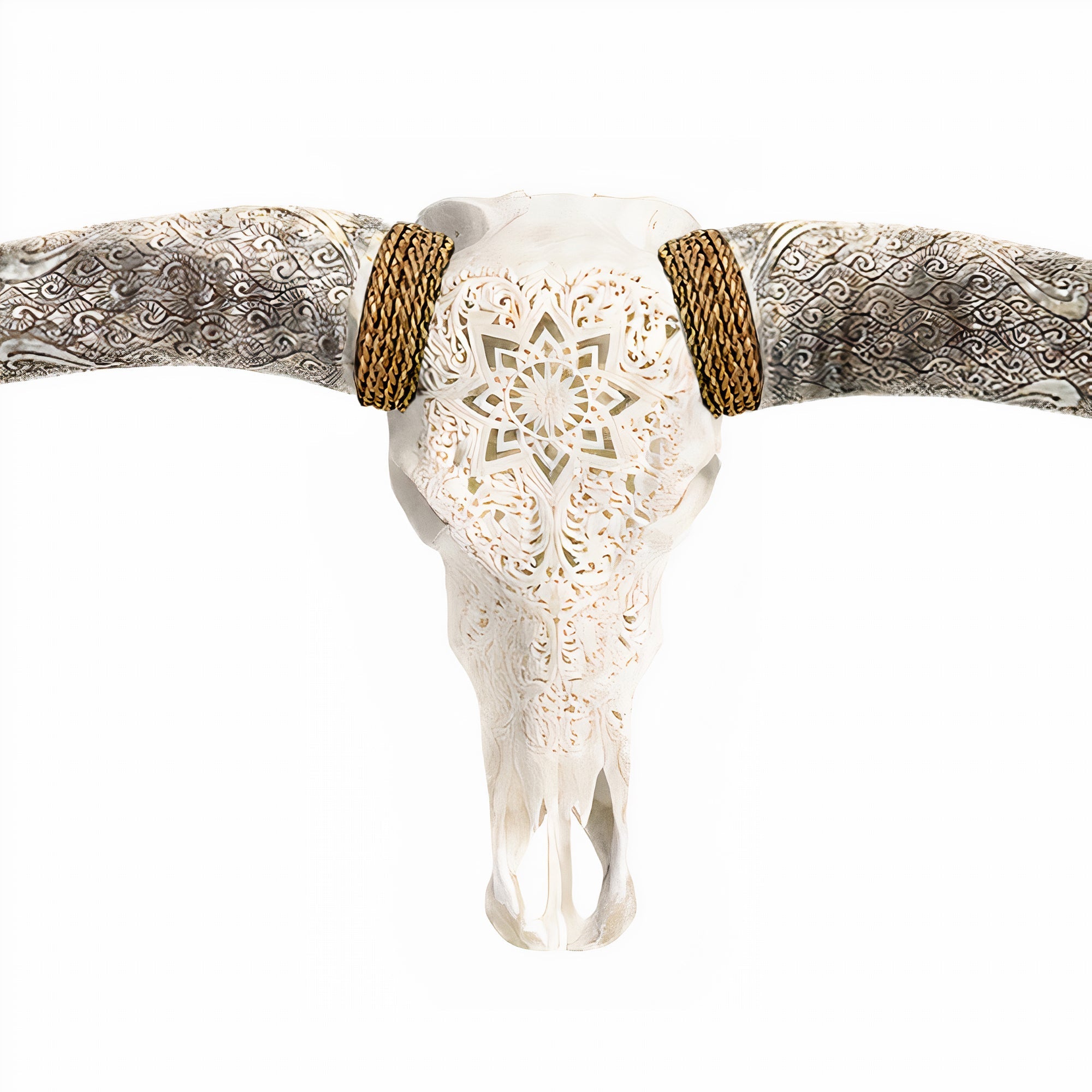Hand Carved Longhorn Skull // XL Horns - White Mandala