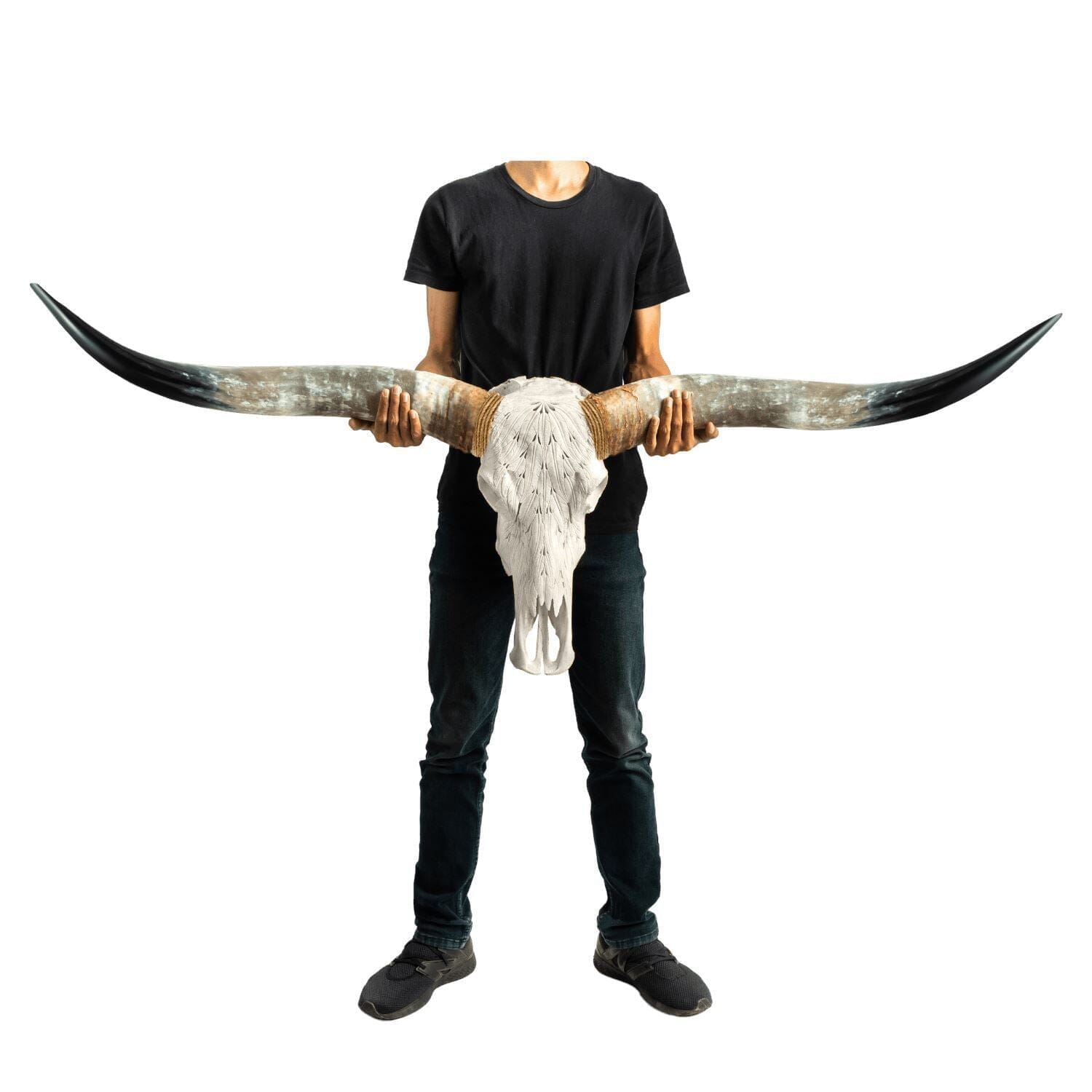 Hand Carved Longhorn Skull - White Feathers