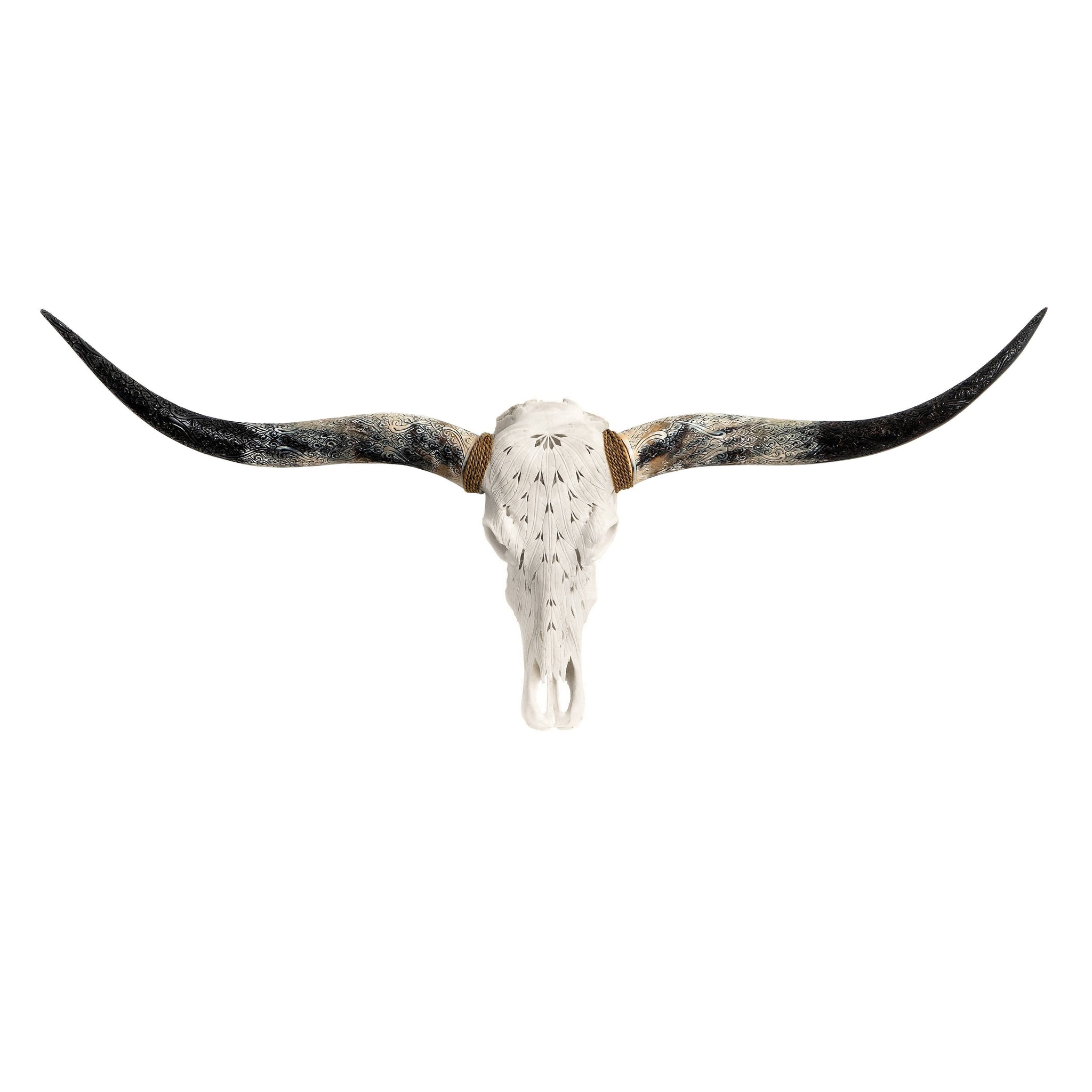 Hand Carved Longhorn Skull - White Feathers