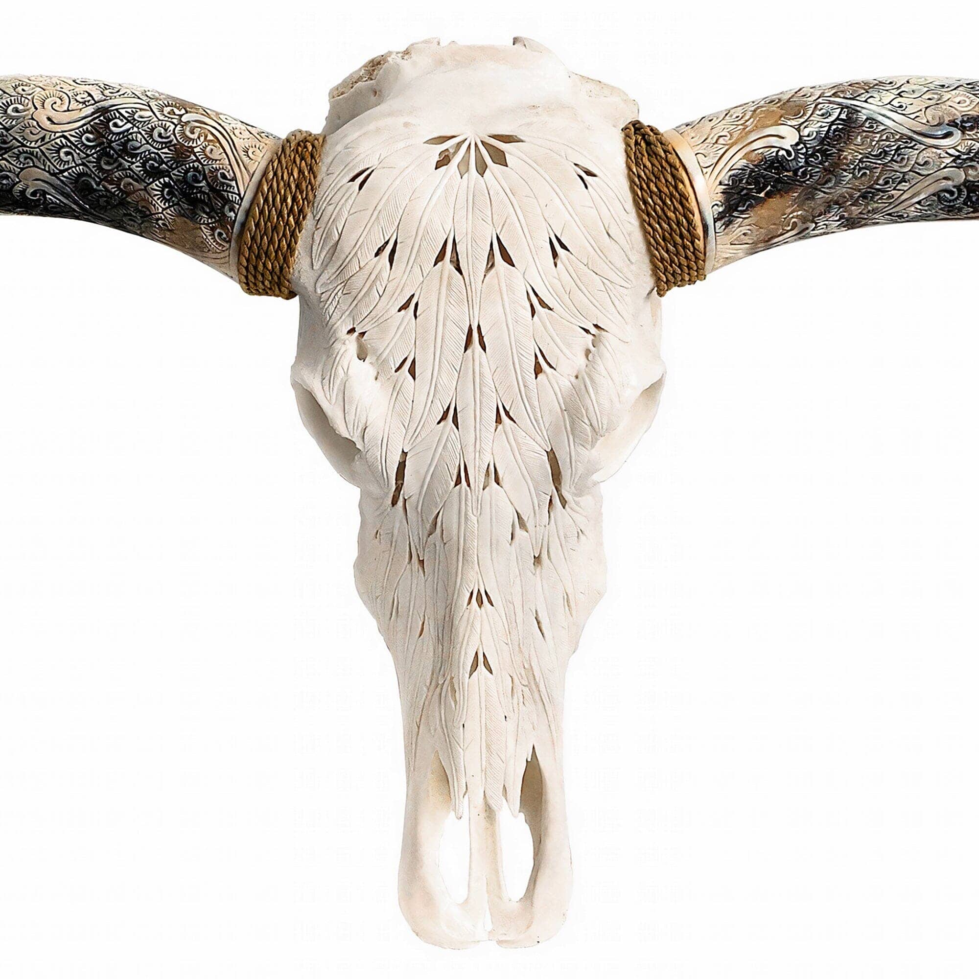 Hand Carved Longhorn Skull - White Feathers