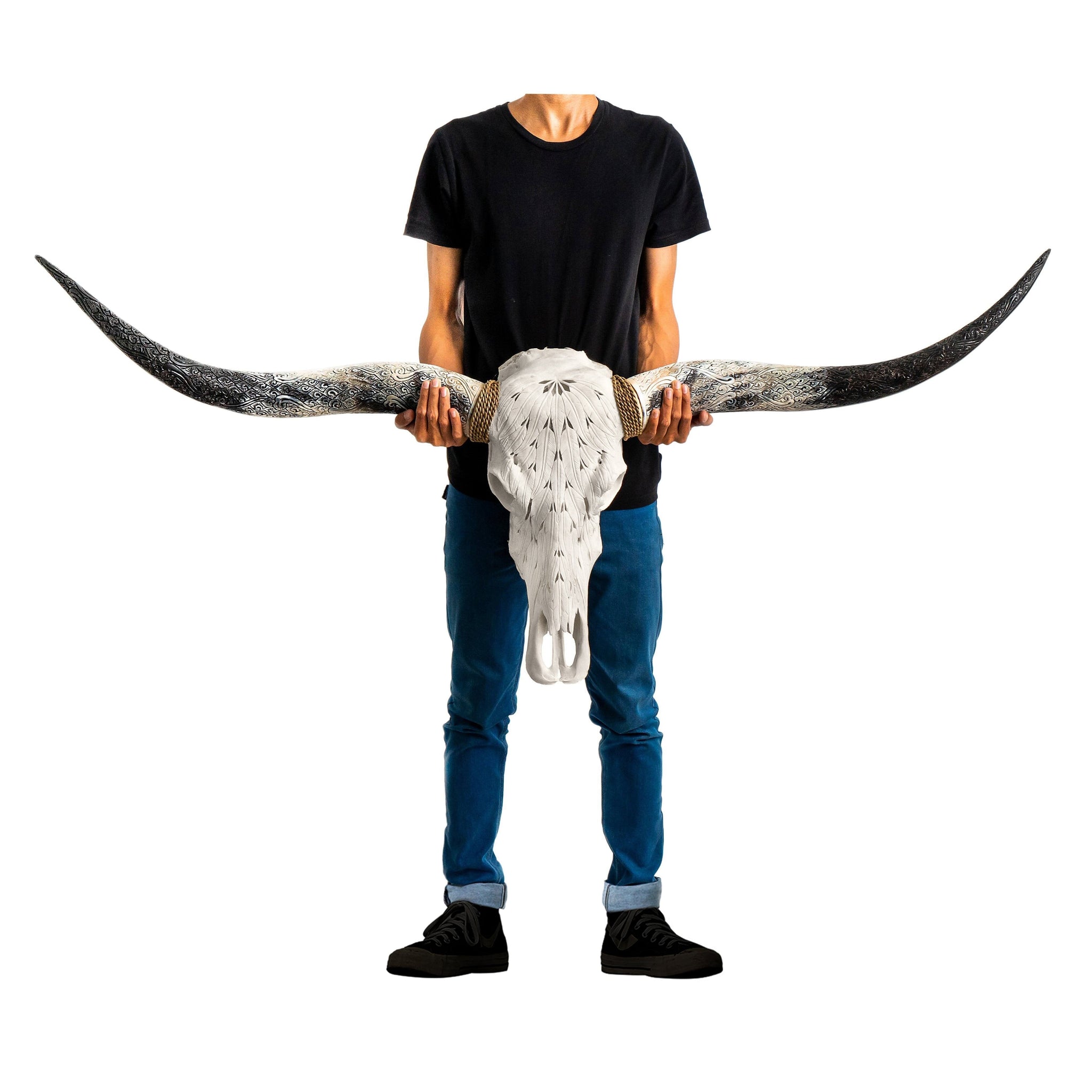 Hand Carved Longhorn Skull - White Feathers